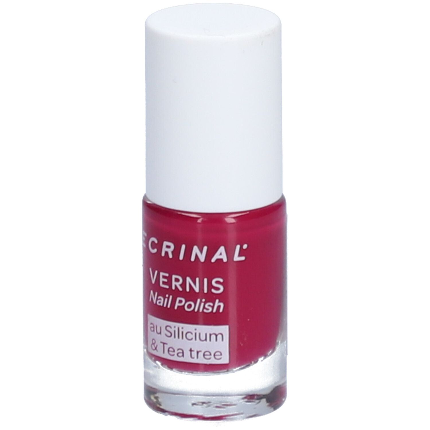 Flacon de vernis à ongles rouge avec bouchon blanc. Inscription: ECRINAL, Vernis, Nail Polish, au Silicium & Tea tree.