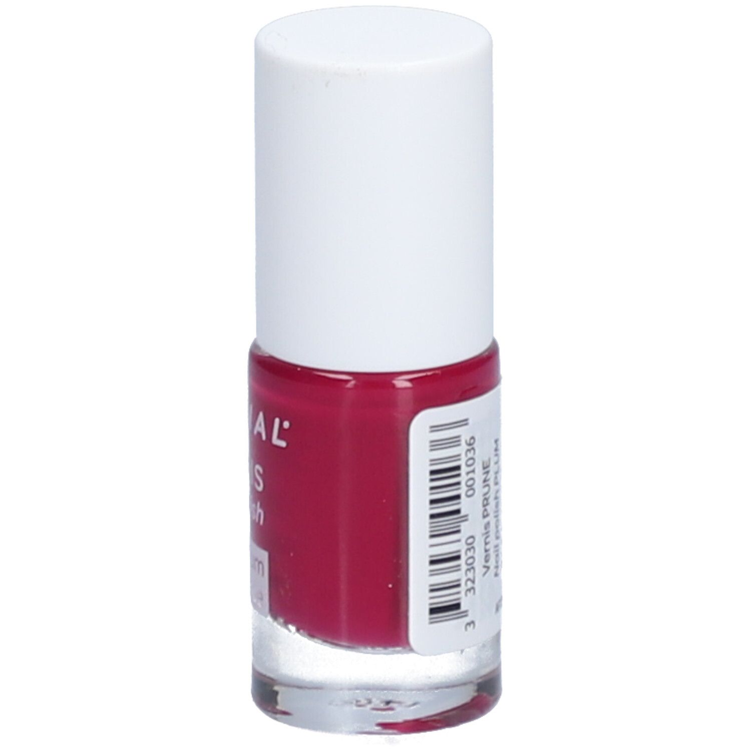 Flacon de vernis à ongles rouge avec bouchon blanc. Inscription: ECRINAL, Vernis, Nail Polish, code-barres.