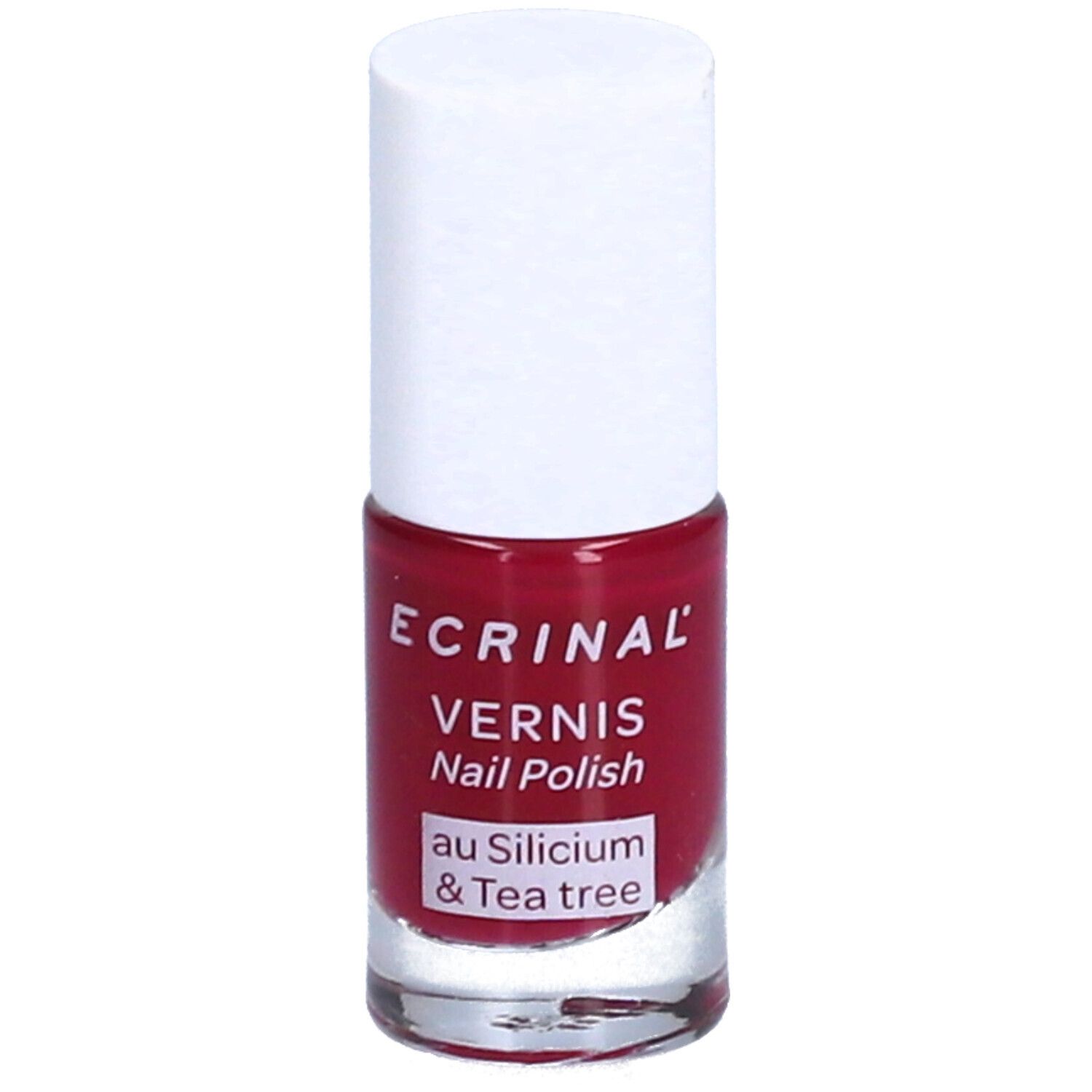 Flacon de vernis à ongles rouge avec bouchon blanc. Inscription: ECRINAL, Vernis, Nail Polish, au Silicium & Tea tree.