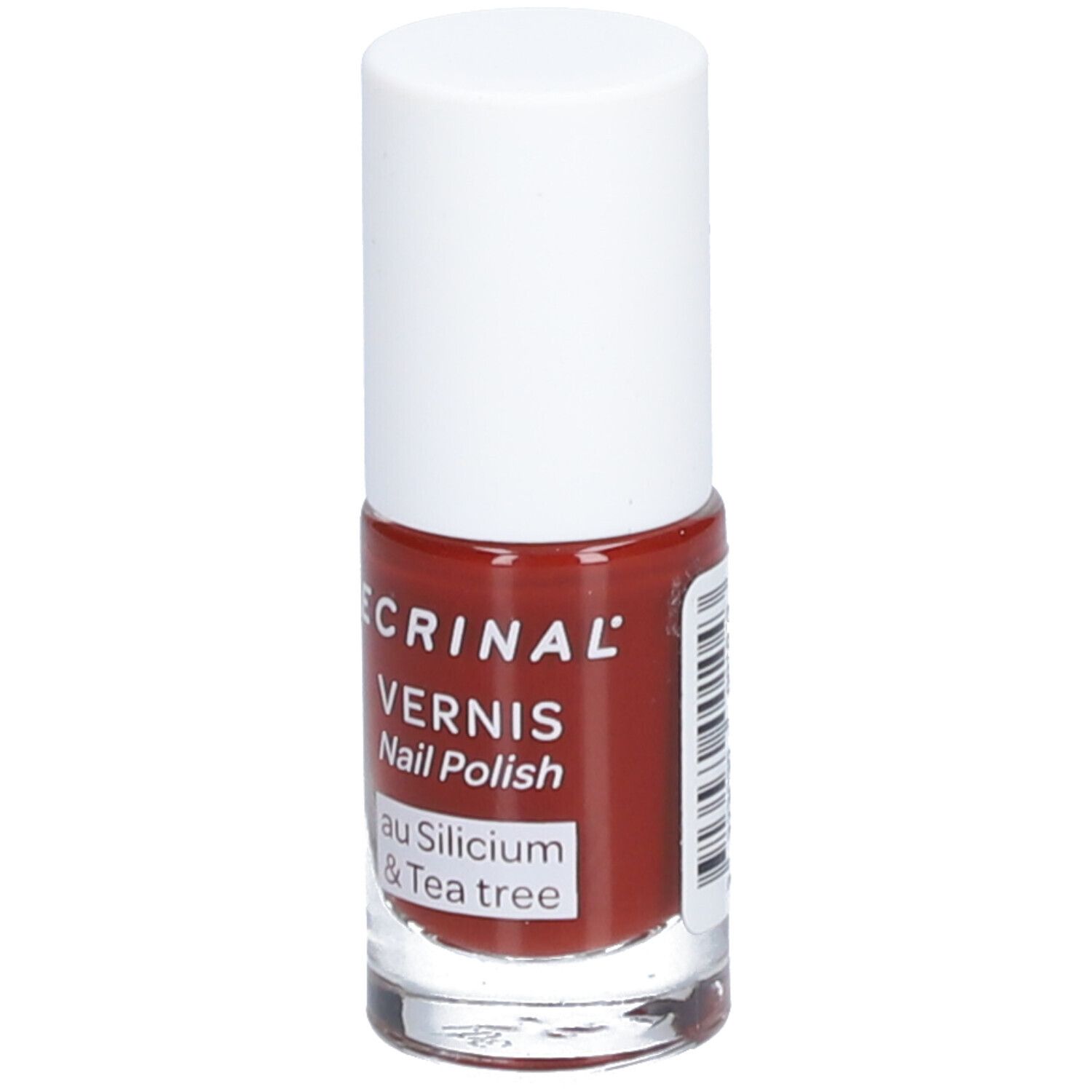 Flacon de vernis à ongles avec bouchon blanc. Inscription: ECRINAL, VERNIS, Nail Polish, au Silicium & Tea tree. Couleur: Terracotta.