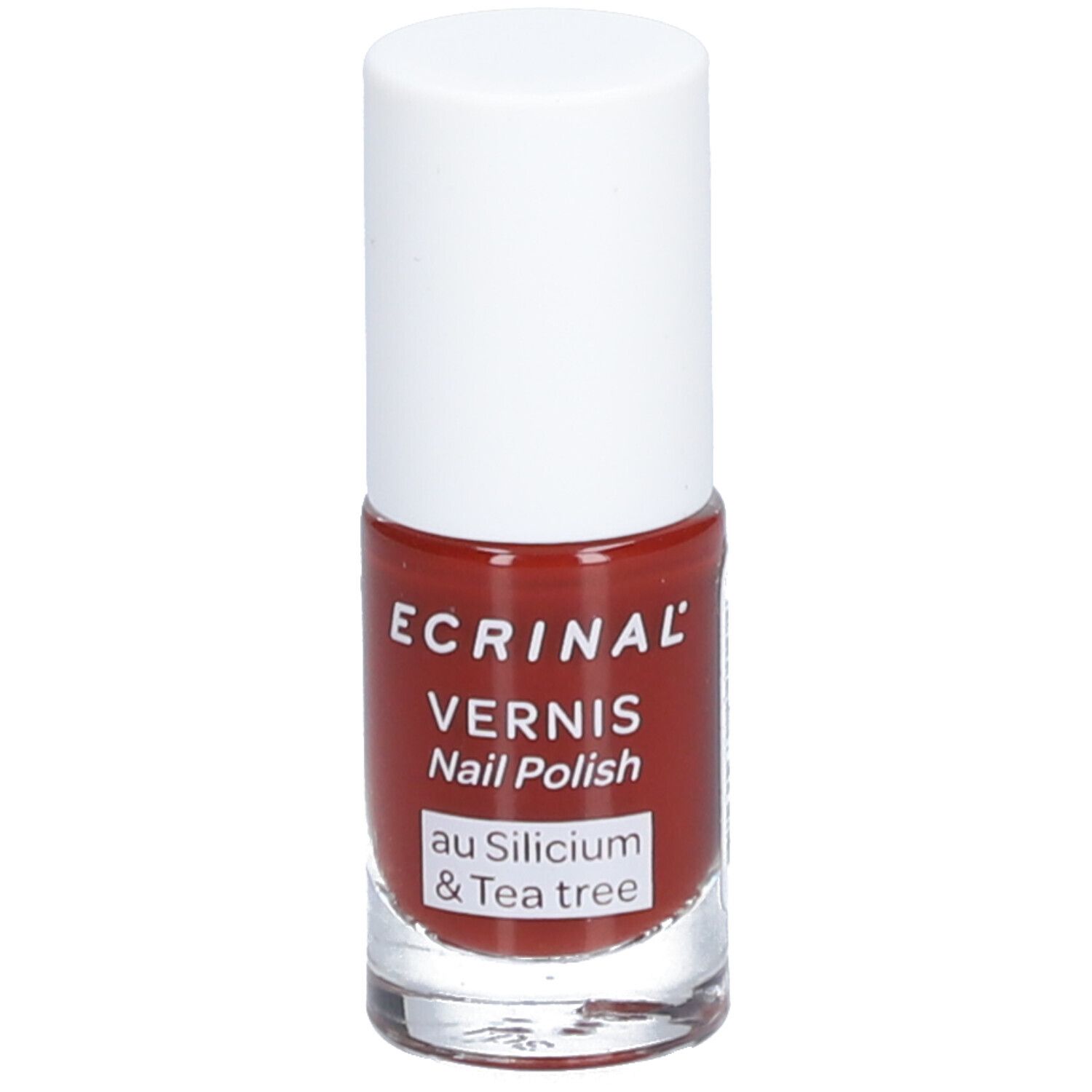 Flacon de vernis à ongles avec bouchon blanc. Inscription: ECRINAL, VERNIS, Nail Polish, au Silicium & Tea tree. Couleur: Terracotta.