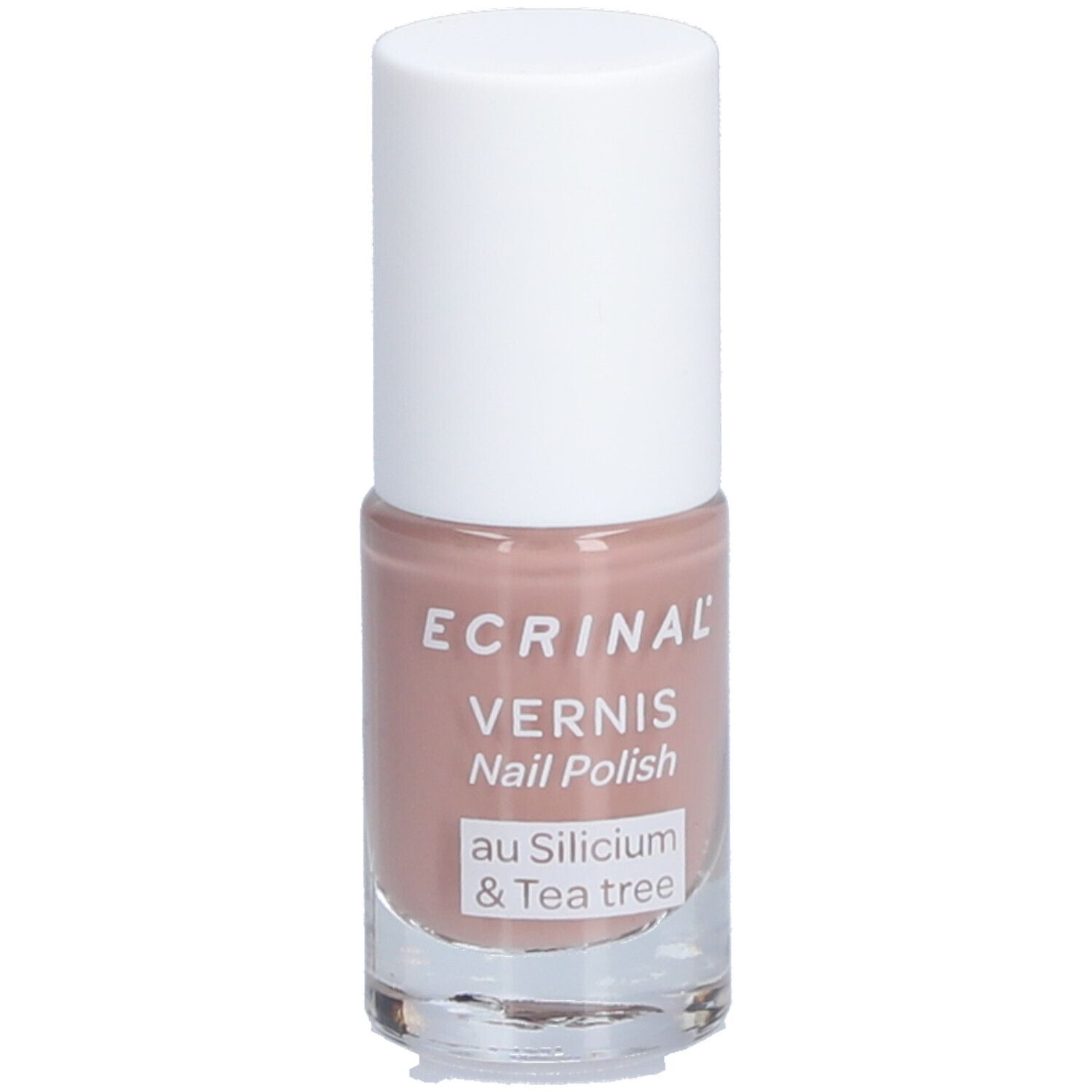 Nagellakflesje met witte dop. Opschrift: ECRINAL, Vernis, Nail Polish, au Silicium & Tea tree. Kleur: Nude.