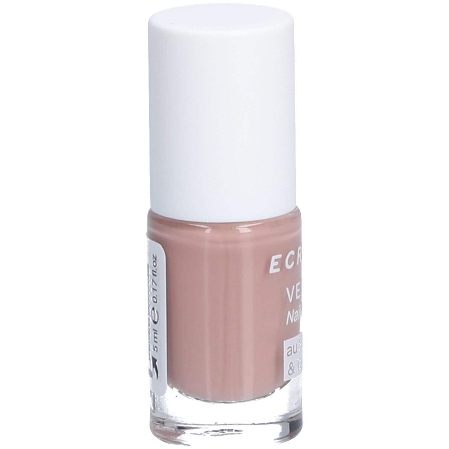 Nagellakflesje met witte dop. Opschrift: ECRINAL, Vernis, Nail Polish, au Silicium & Tea tree. Kleur: Nude. Volume: 5 ml.