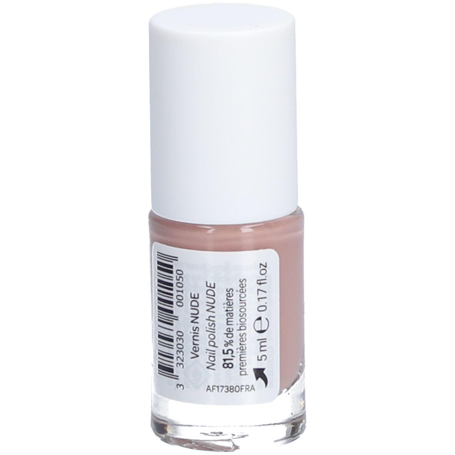 Nagellakflesje met witte dop. Opschrift: Vernis NUDE, 81,5% de matières premières biosourcées. Volume: 5 ml. Barcode.