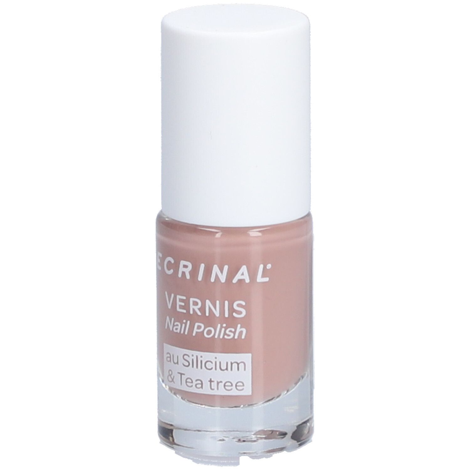 Nagellakflesje met witte dop. Opschrift: ECRINAL, Vernis, Nail Polish, au Silicium & Tea tree. Kleur: Nude.