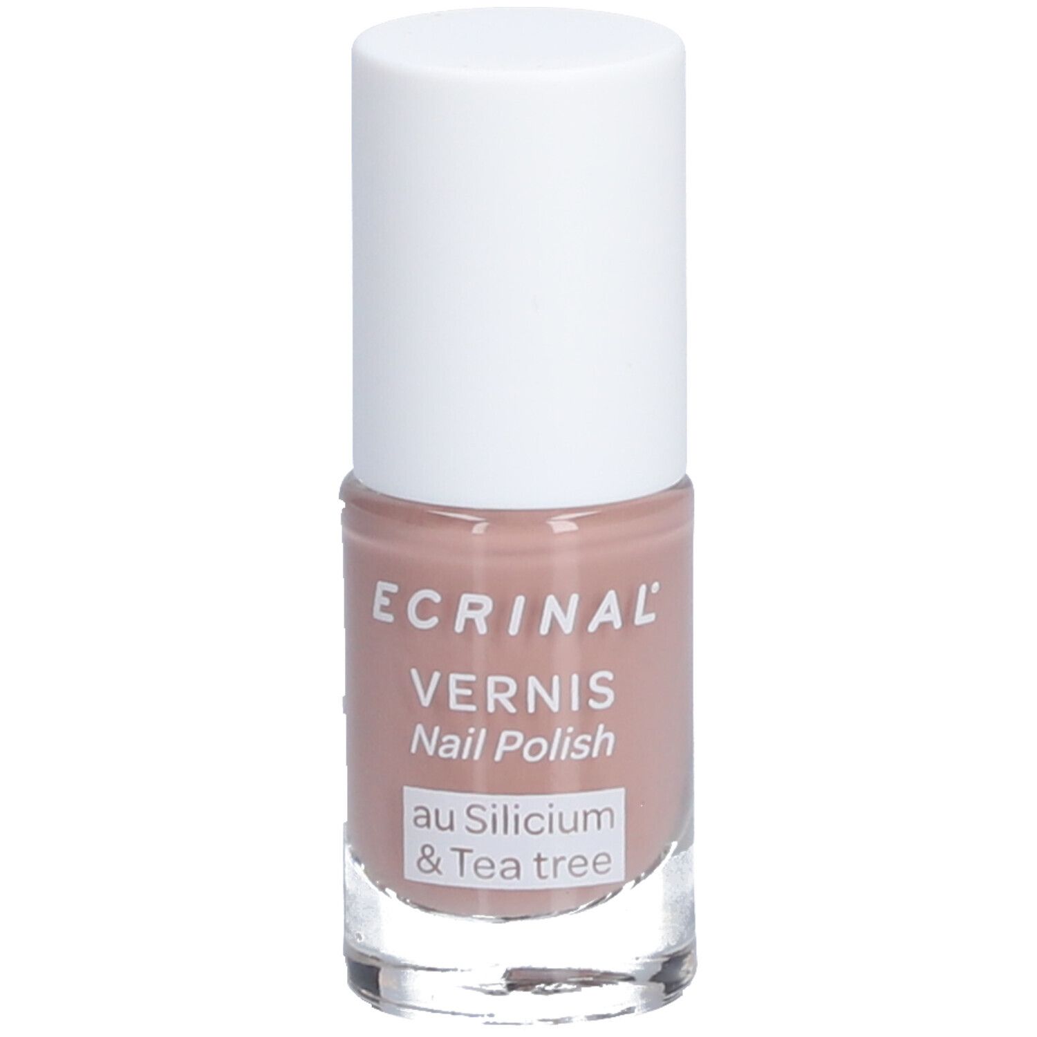 Nagellakflesje met witte dop. Opschrift: ECRINAL, Vernis, Nail Polish, au Silicium & Tea tree. Kleur: Nude.