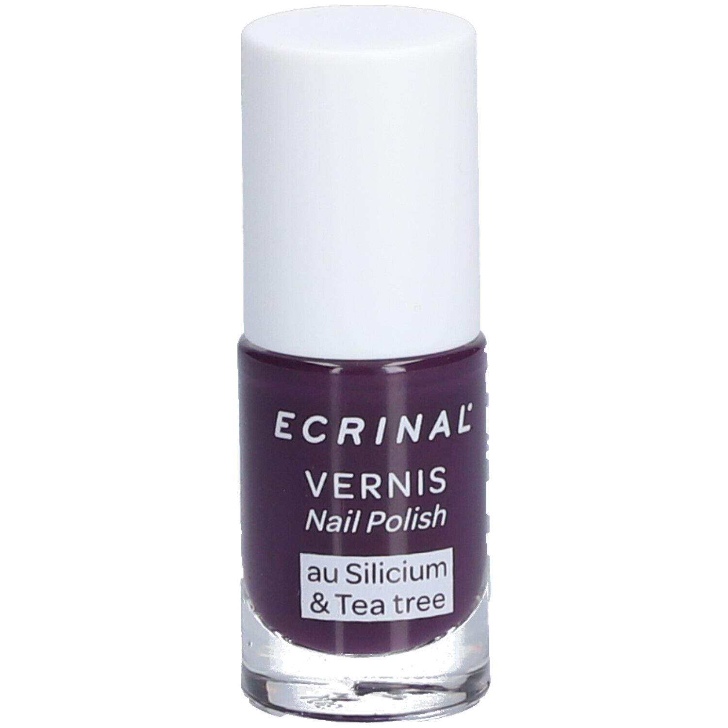 Flacon de vernis à ongles violet. Bouchon blanc, base transparente. Inscription: ECRINAL, VERNIS, Nail Polish, au Silicium & Tea tree.