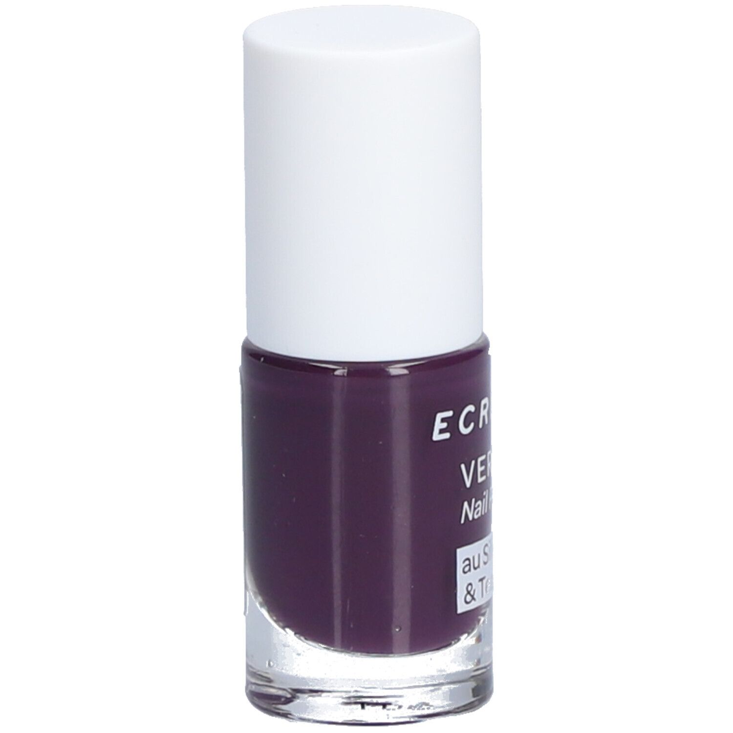 Flacon de vernis à ongles violet. Bouchon blanc, base transparente. Inscription: ECRINAL, VERNIS, Nail Polish, au Silicium & Tea tree.