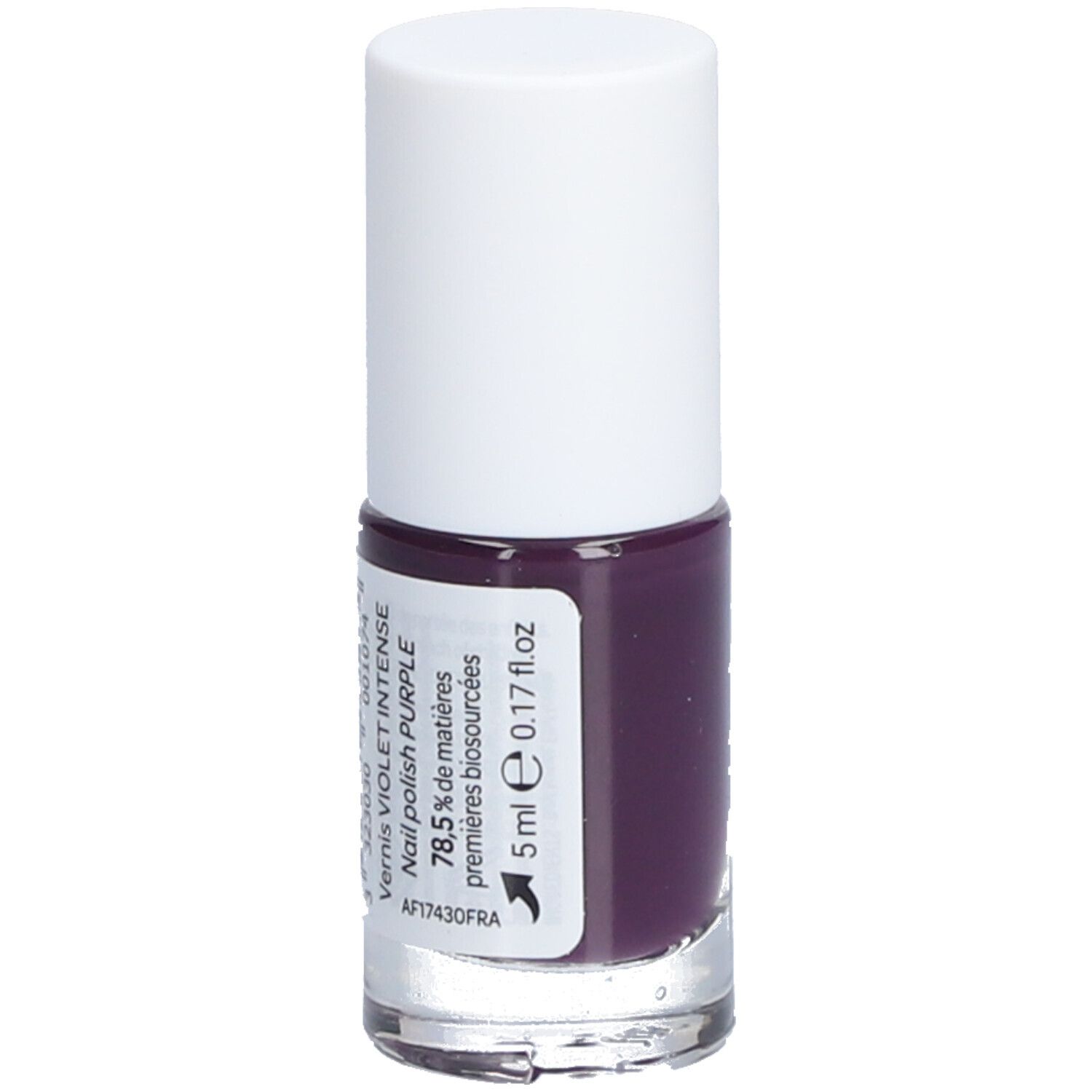 Flacon de vernis à ongles violet. Bouchon blanc, base transparente. Inscription: Vernis violet intense, 5 ml, 78.5% de matières premières biosourcées.