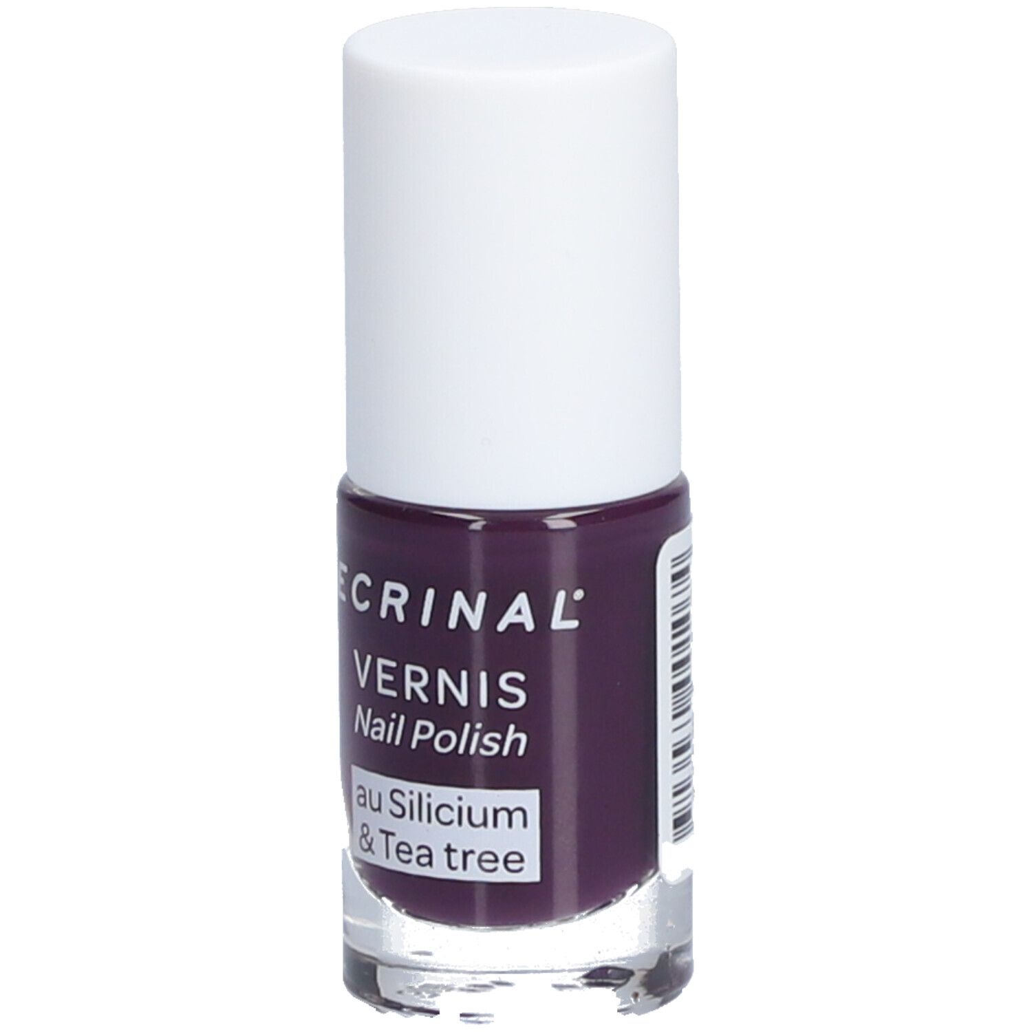 Flacon de vernis à ongles violet. Bouchon blanc, base transparente. Inscription: ECRINAL, VERNIS, Nail Polish, au Silicium & Tea tree.