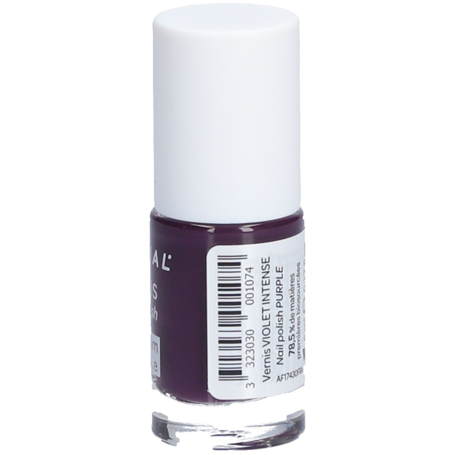 Flacon de vernis à ongles violet. Bouchon blanc, base transparente. Inscription: Vernis violet intense, 5 ml, 78.5% de matières premières biosourcées.