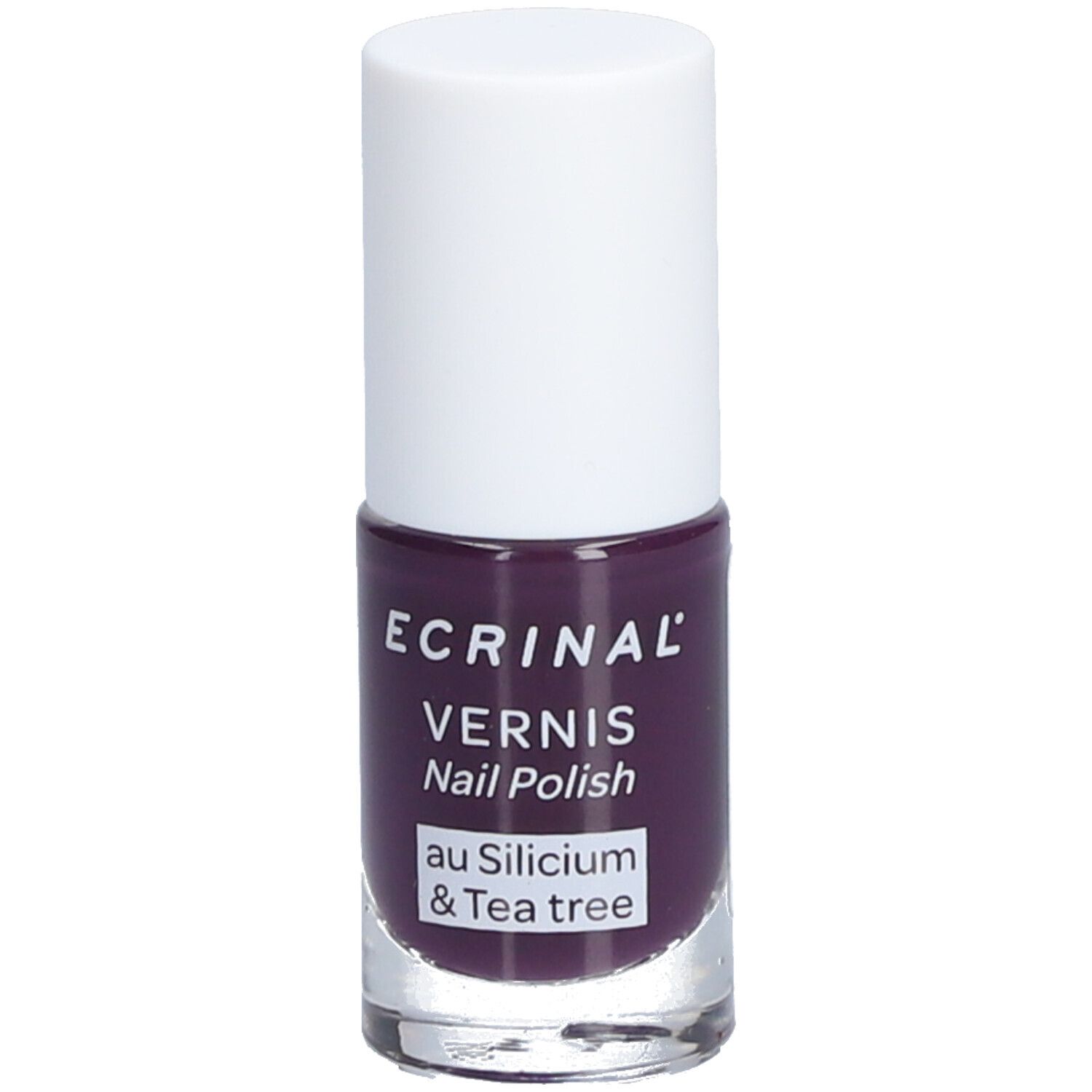 Flacon de vernis à ongles violet. Bouchon blanc, base transparente. Inscription: ECRINAL, VERNIS, Nail Polish, au Silicium & Tea tree.