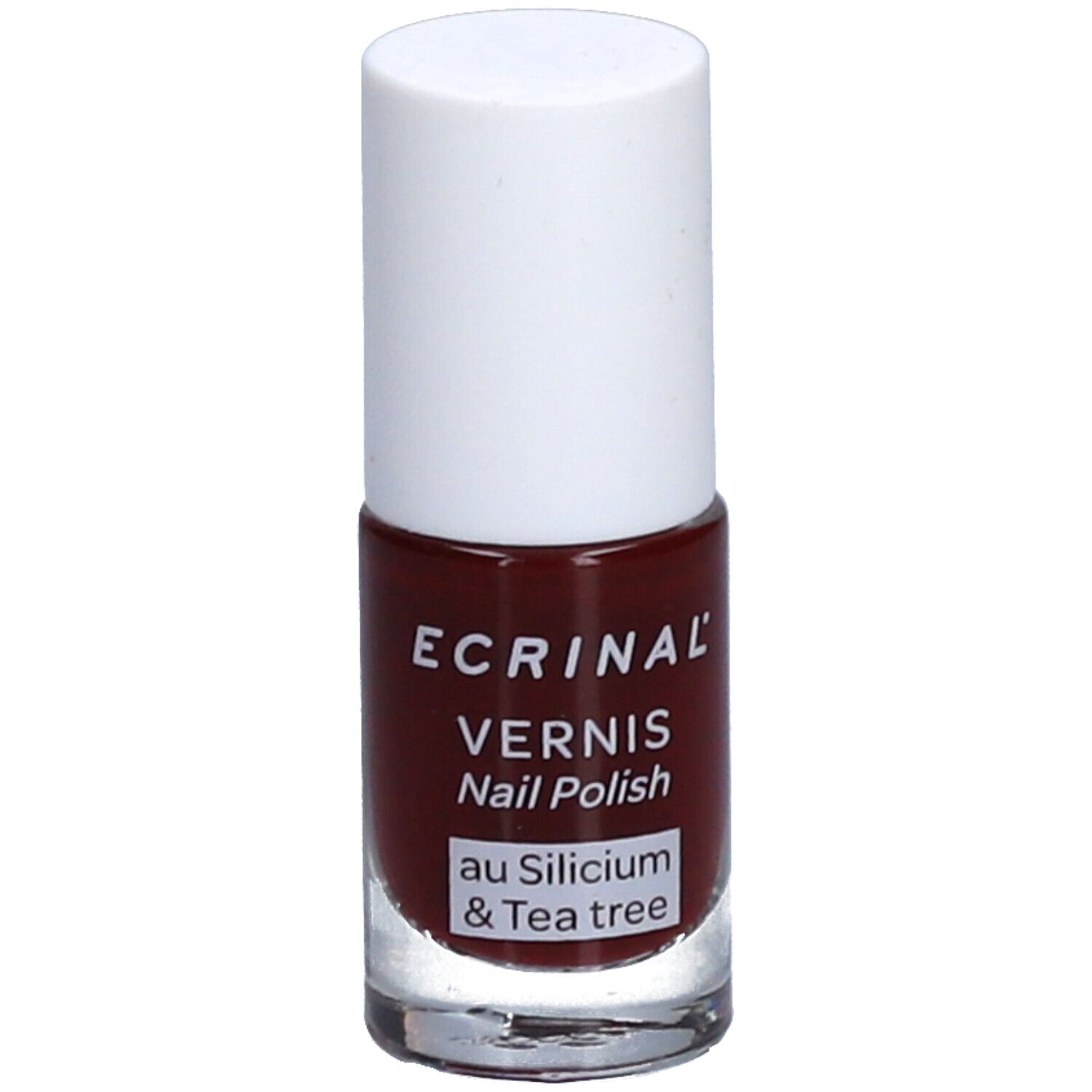 Flacon de vernis à ongles avec bouchon blanc. Inscription: ECRINAL, VERNIS, Nail Polish, au Silicium & Tea tree. Liquide rouge visible.