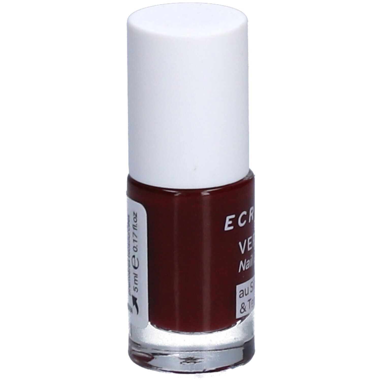 Flacon de vernis à ongles avec bouchon blanc. Inscription: ECRINAL, VERNIS, Nail Polish. Liquide rouge visible. Volume: 5 ml.