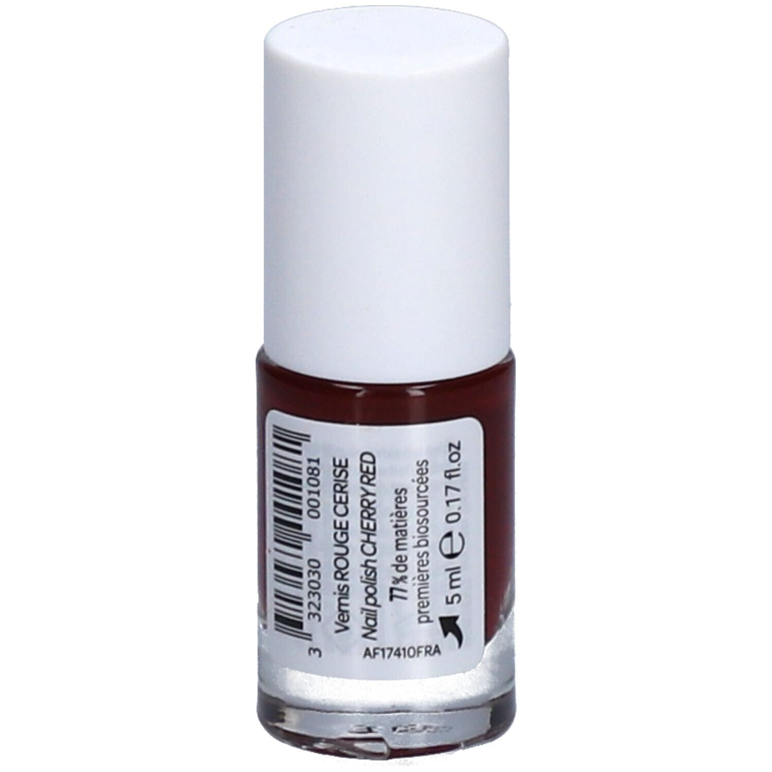 Flacon de vernis à ongles avec bouchon blanc. Inscription: Vernis Rouge Cerise, Nail polish Cherry Red. Code-barres et volume: 5 ml.