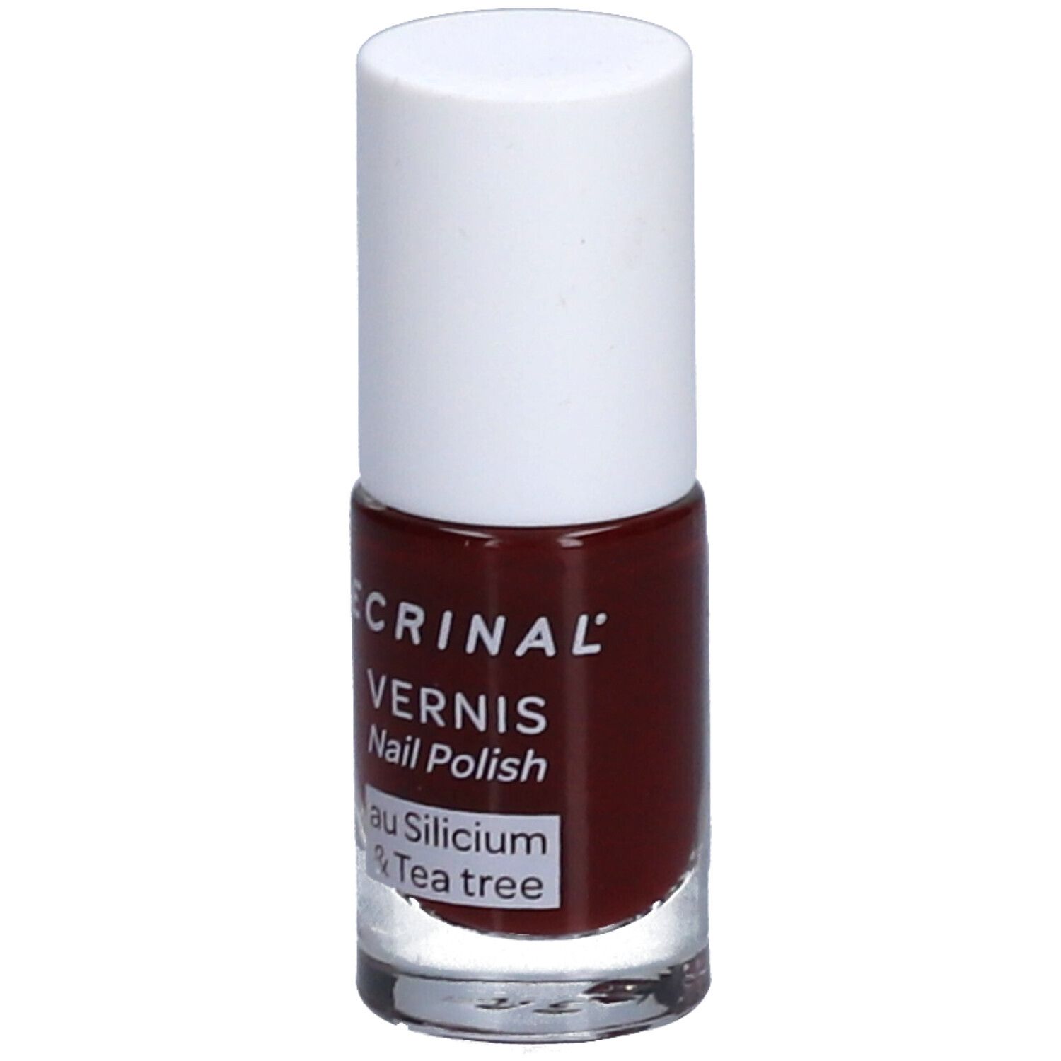 Flacon de vernis à ongles avec bouchon blanc. Inscription: ECRINAL, VERNIS, Nail Polish, au Silicium & Tea tree. Liquide rouge visible.