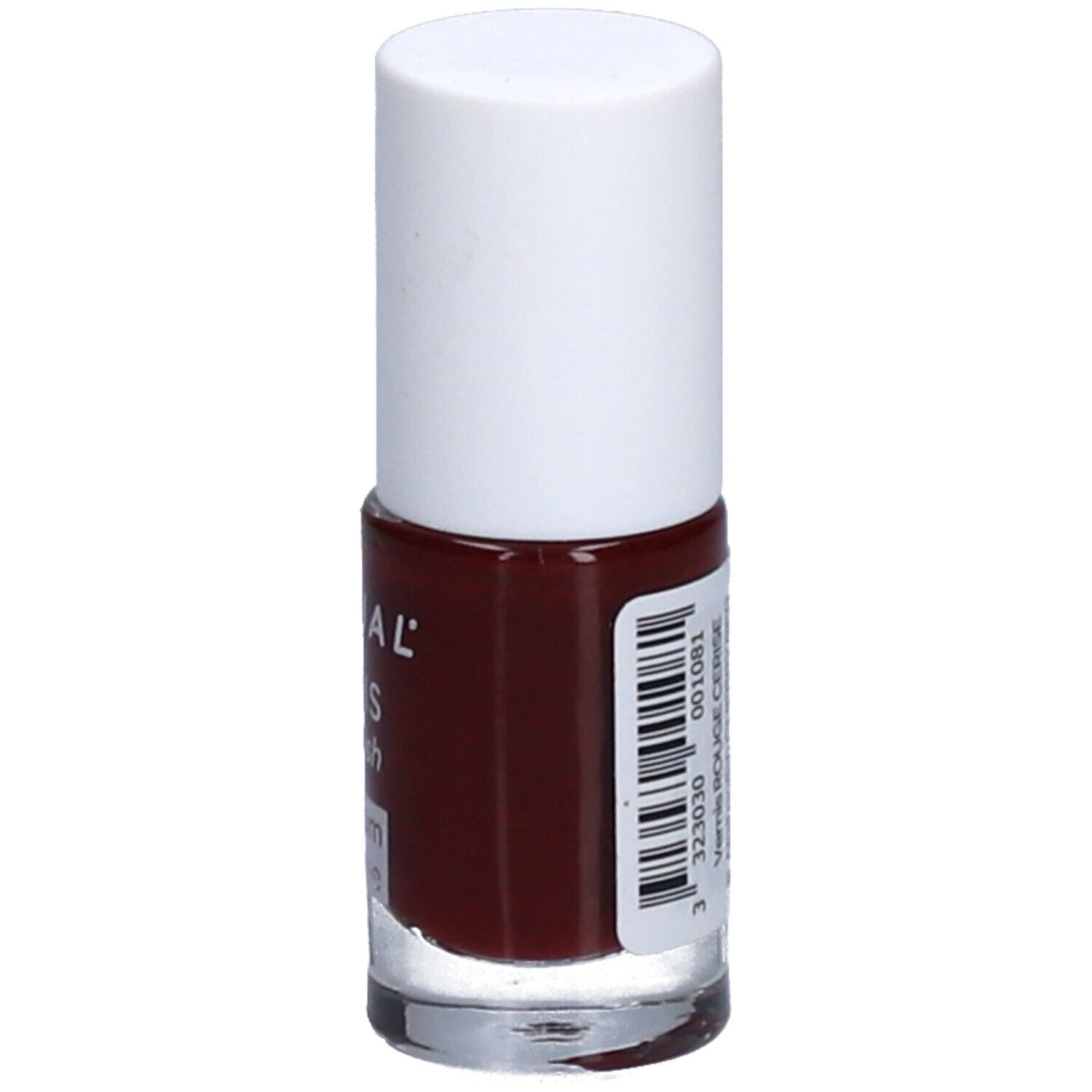 Flacon de vernis à ongles avec bouchon blanc. Code-barres et inscription: Vernis Rouge Cerise. Volume: 5 ml.