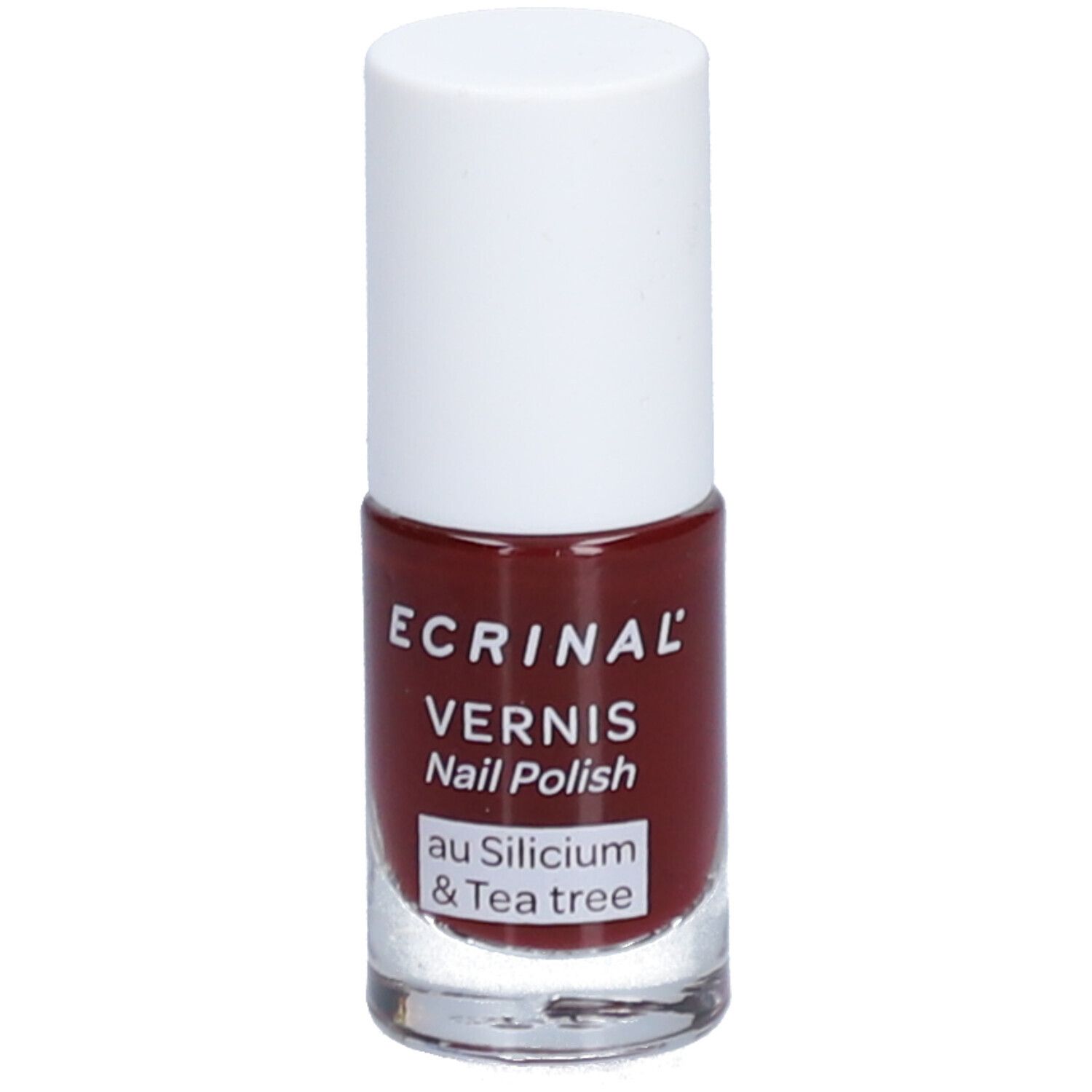 Flacon de vernis à ongles avec bouchon blanc. Inscription: ECRINAL, VERNIS, Nail Polish, au Silicium & Tea tree. Liquide rouge visible.
