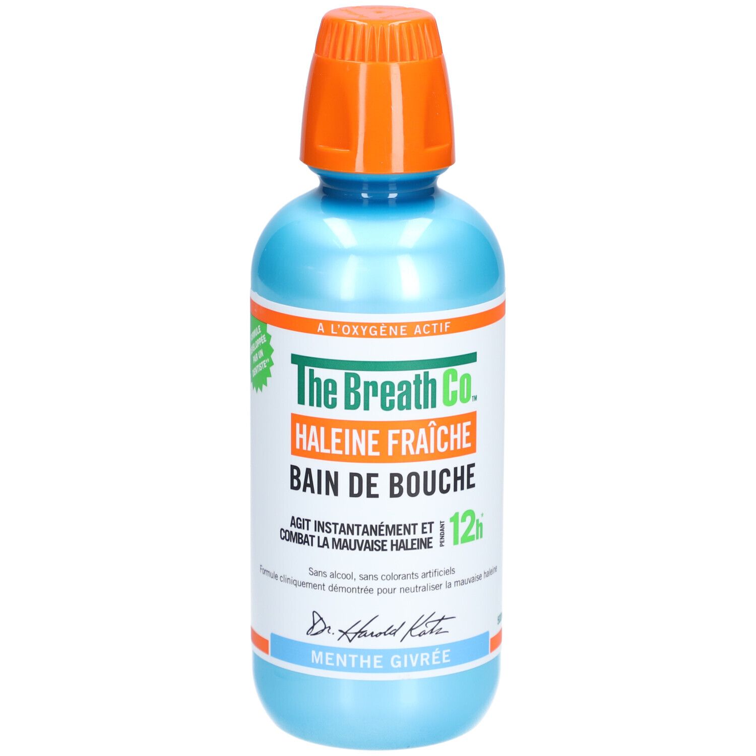 Flacon bleu et orange. Inscription: The Breath Co. Bain de Bouche Menthe Glacée. Avec oxygène actif. 12h.