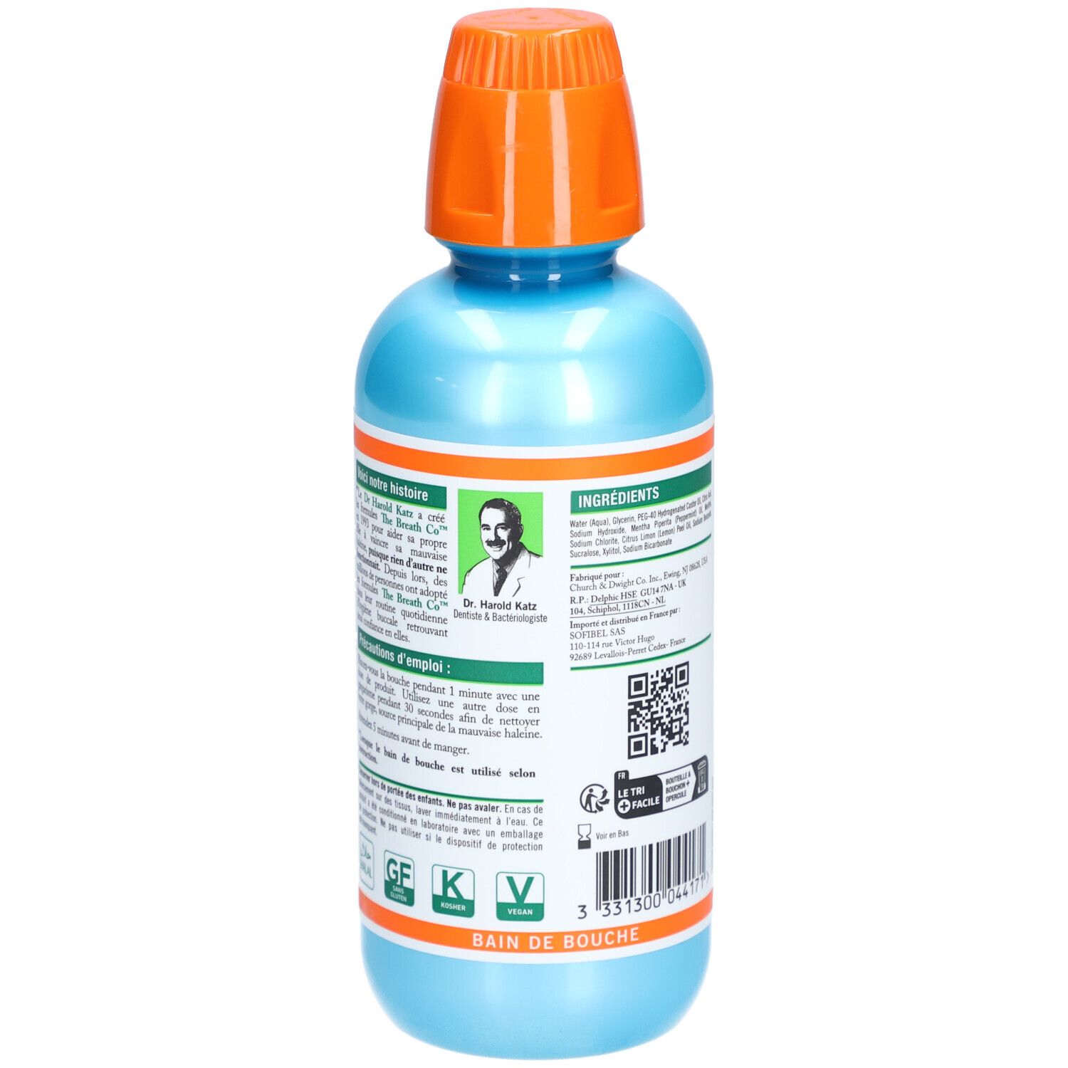 Flacon bleu et orange. Dos avec ingrédients, QR code et code-barres. The Breath Co. Bain de Bouche.