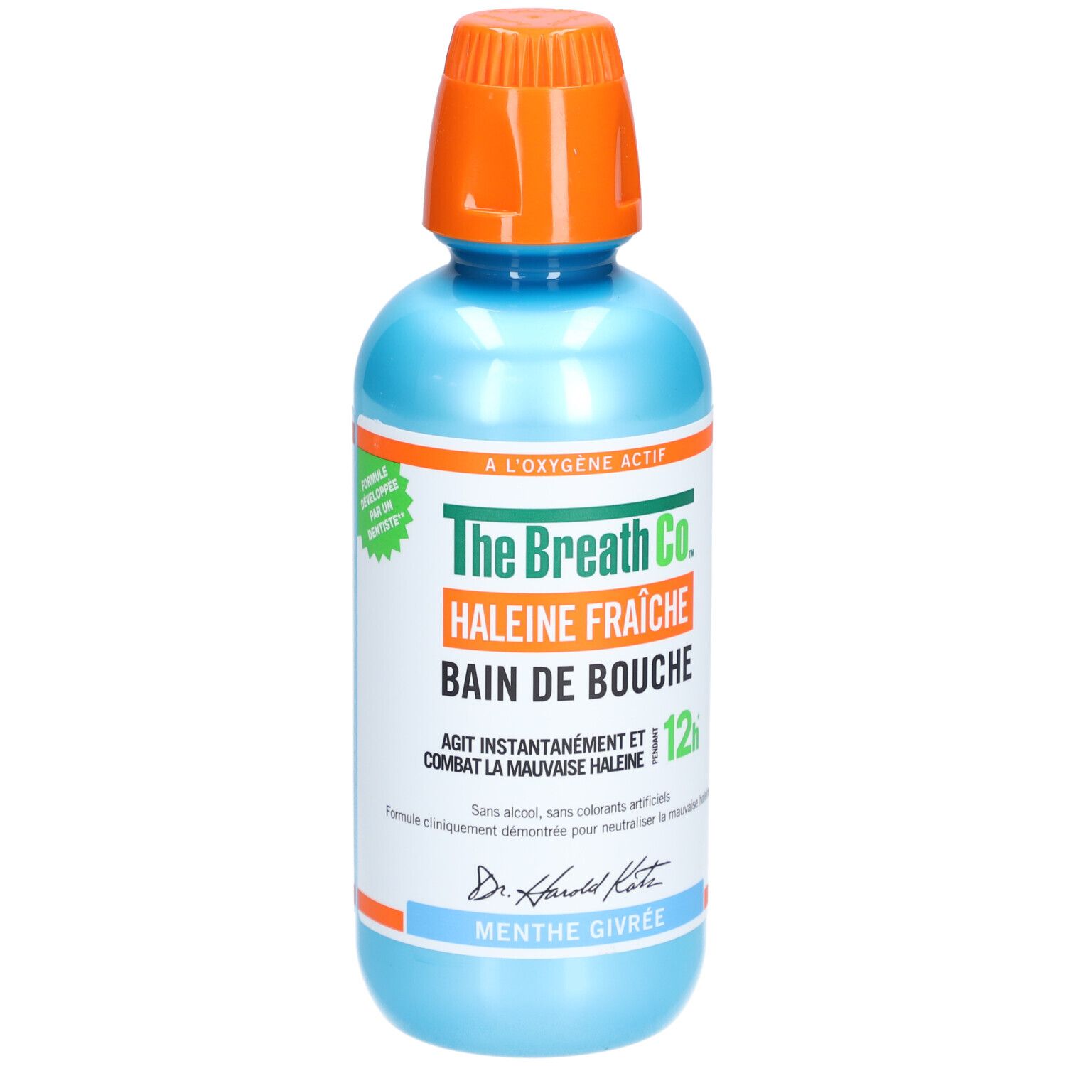 Flacon bleu et orange. Inscription: The Breath Co. Bain de Bouche Menthe Glacée. Avec oxygène actif. 12h.