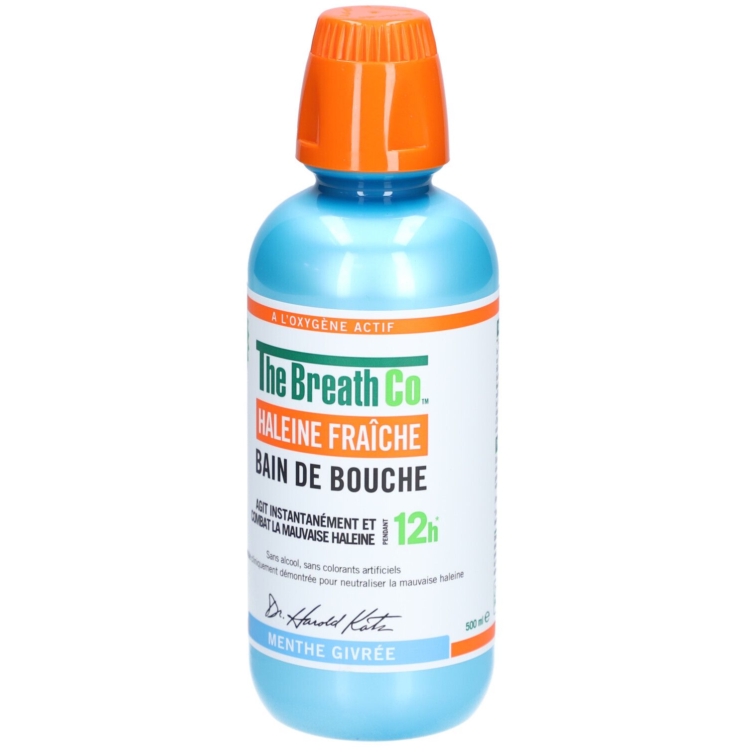 Flacon bleu et orange. Inscription: The Breath Co. Bain de Bouche Menthe Glacée. Avec oxygène actif. 12h.