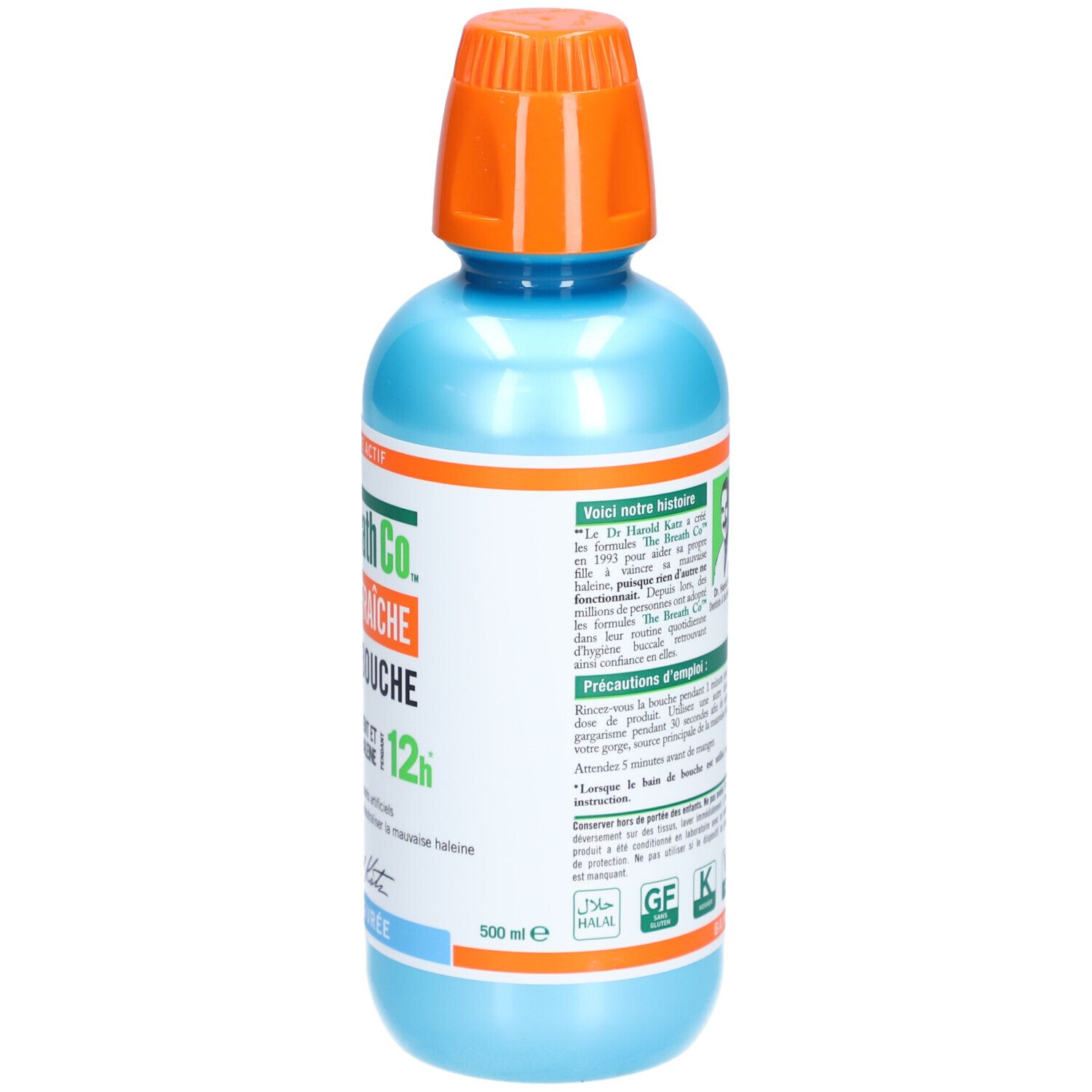 Flacon bleu et orange. Dos avec informations. The Breath Co. Bain de Bouche. 500 ml.