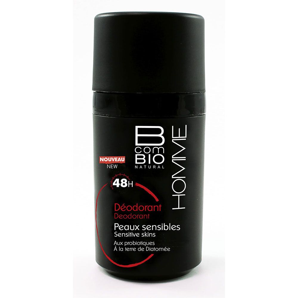 Zwarte roll-on deodorant. Opschrift: B COM BIO, 48H, Peaux sensibles. Met dop.