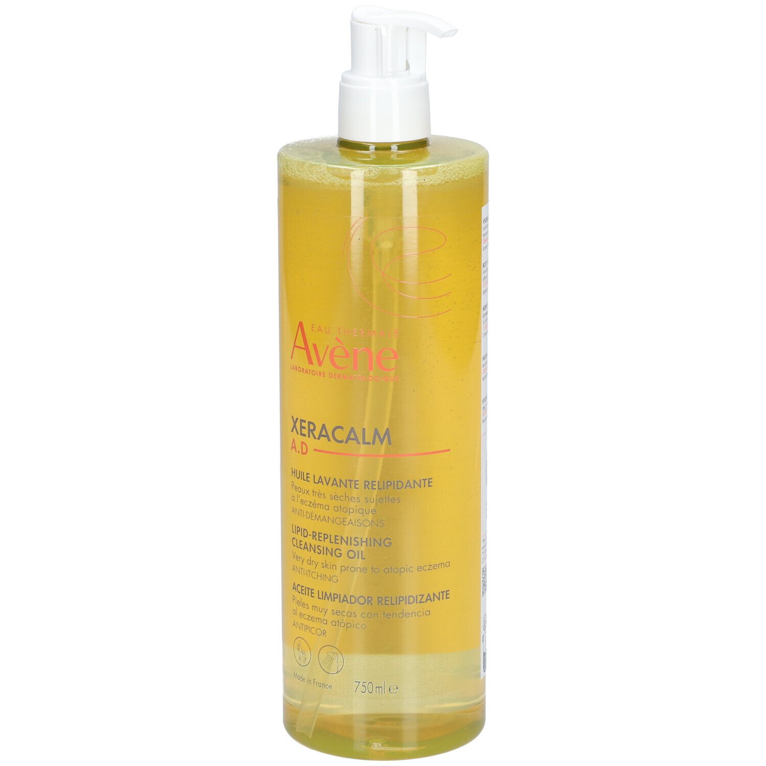 Avène XeraCalm A.D. Huile lavante relipidante. Liquide jaune en flacon pompe. Étiquette produit.
