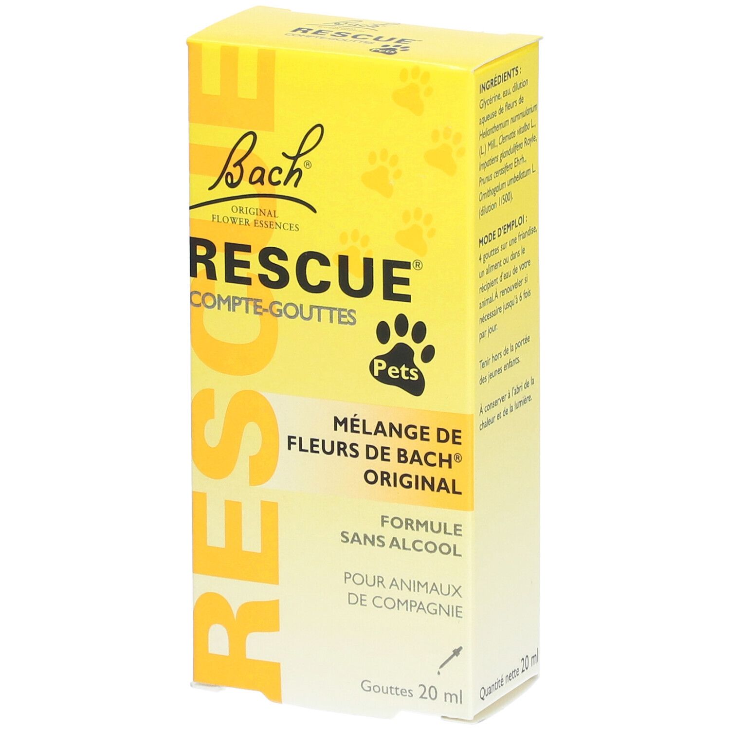 Boîte jaune RESCUE® Pets. Inscription: COMPTE-GOUTTES, Mélange de Fleurs de Bach® Original, Pour animaux de compagnie. 20 ml.
