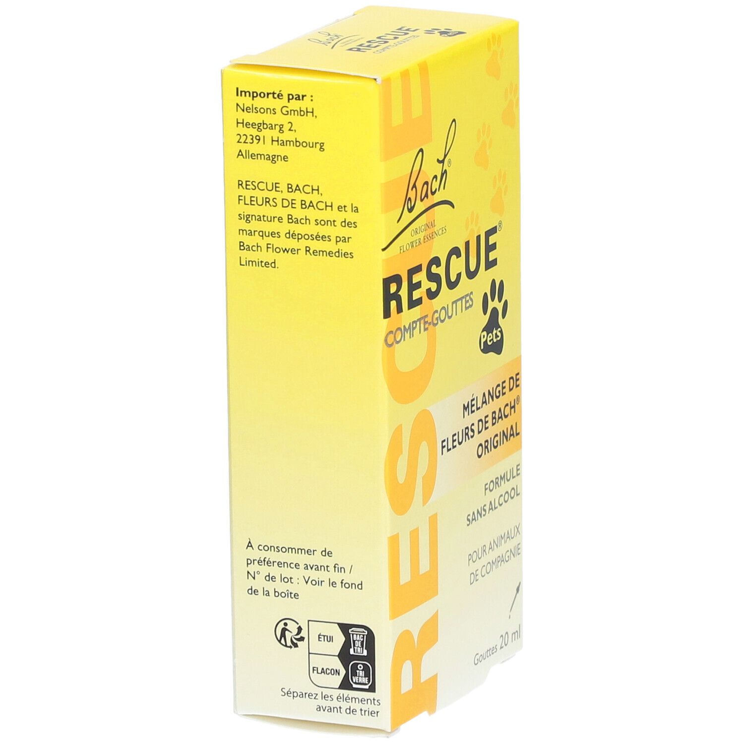 Boîte jaune RESCUE® Pets. Inscription: COMPTE-GOUTTES, Mélange de Fleurs de Bach® Original, Pour animaux de compagnie. 20 ml. Texte au dos.