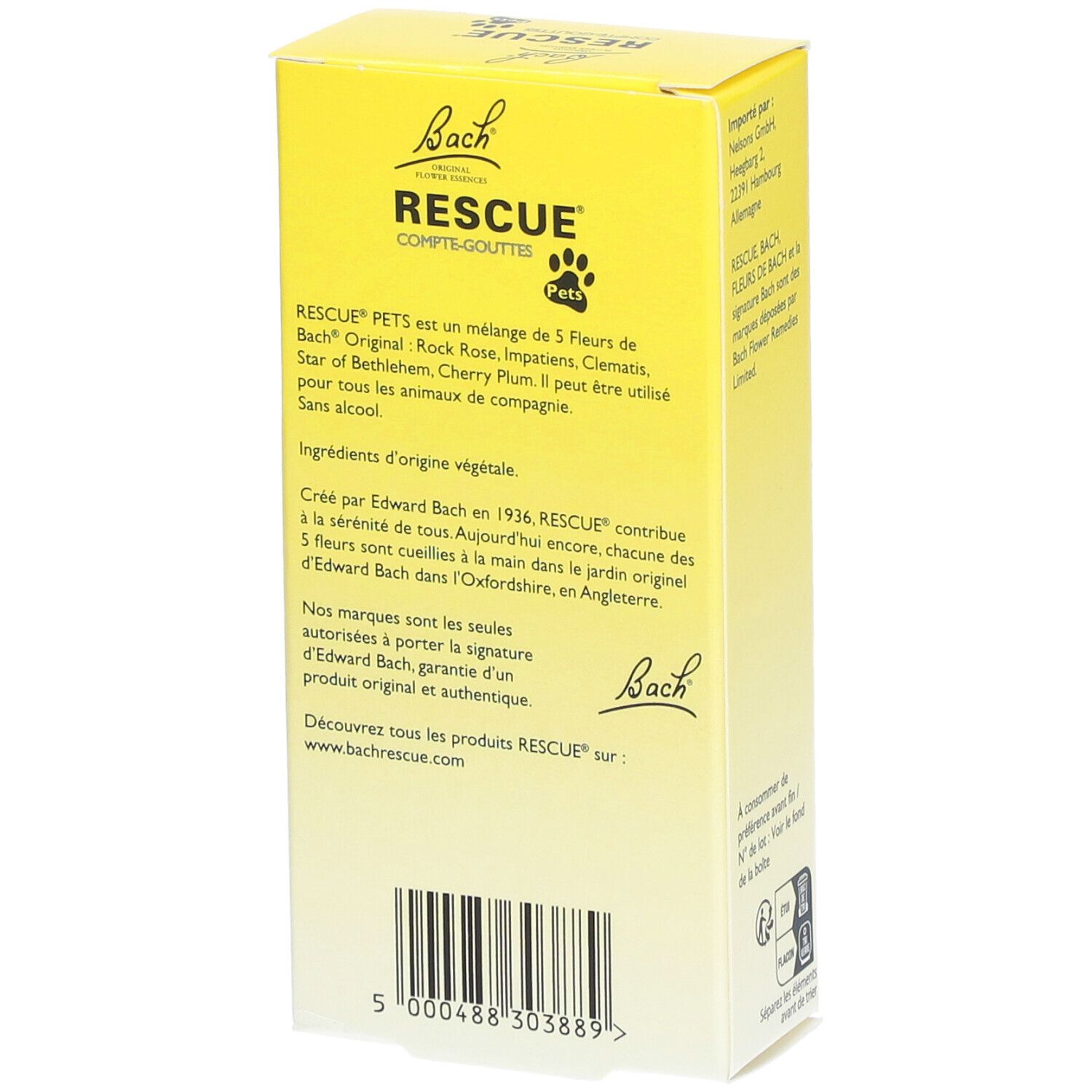 Dos de la boîte jaune RESCUE® Pets. Texte sur les ingrédients et l'utilisation. Logo Bach.