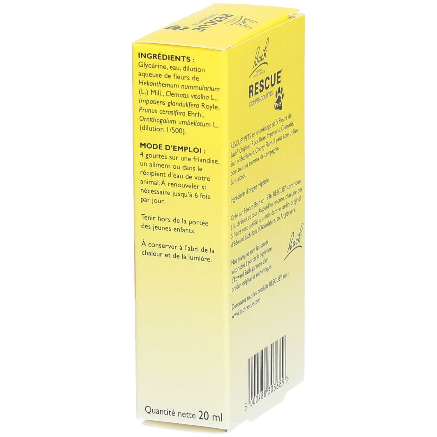 Boîte jaune RESCUE® Pets. Inscription: COMPTE-GOUTTES, Mélange de Fleurs de Bach® Original, Pour animaux de compagnie. 20 ml. Texte sur les ingrédients.