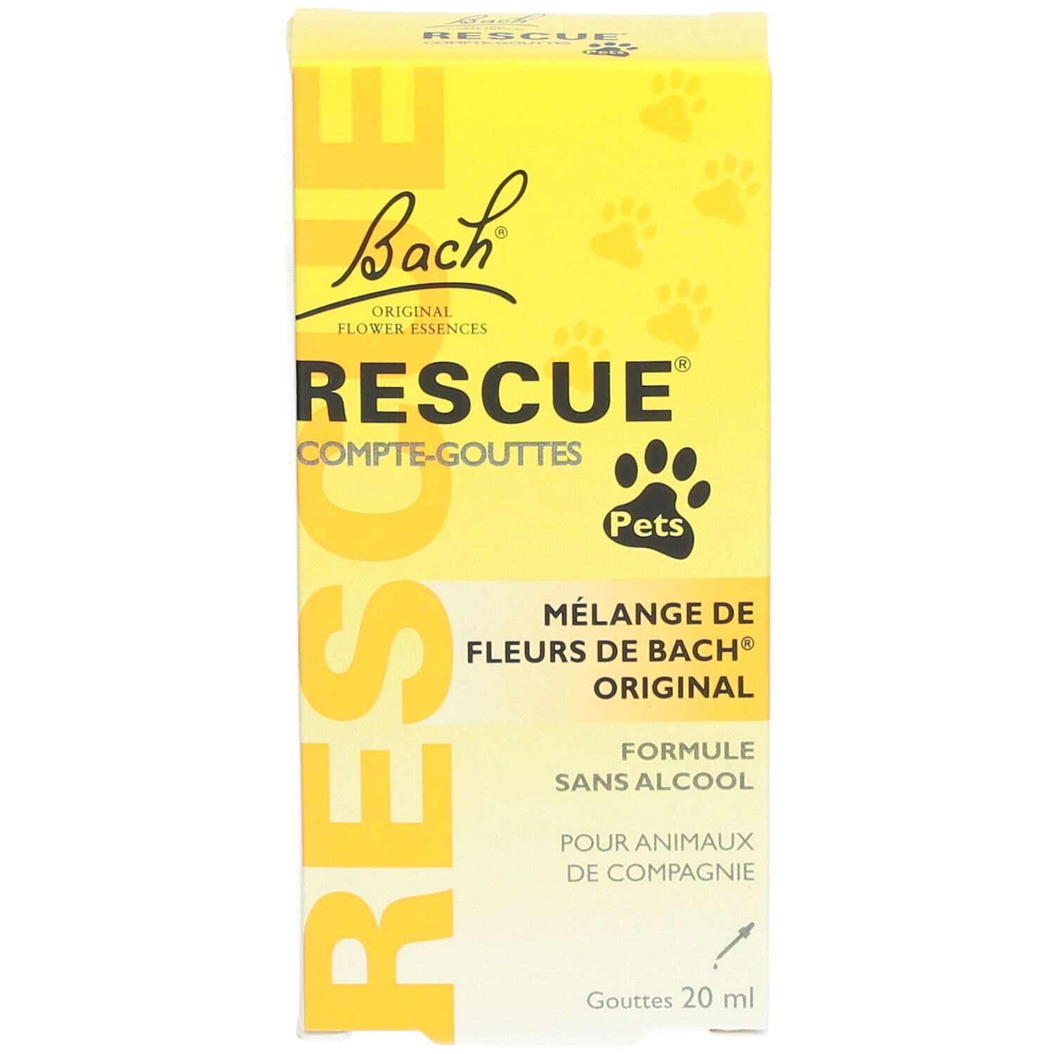 Boîte jaune RESCUE® Pets. Inscription: COMPTE-GOUTTES, Mélange de Fleurs de Bach® Original, Pour animaux de compagnie. 20 ml. Symbole flacon compte-gouttes.