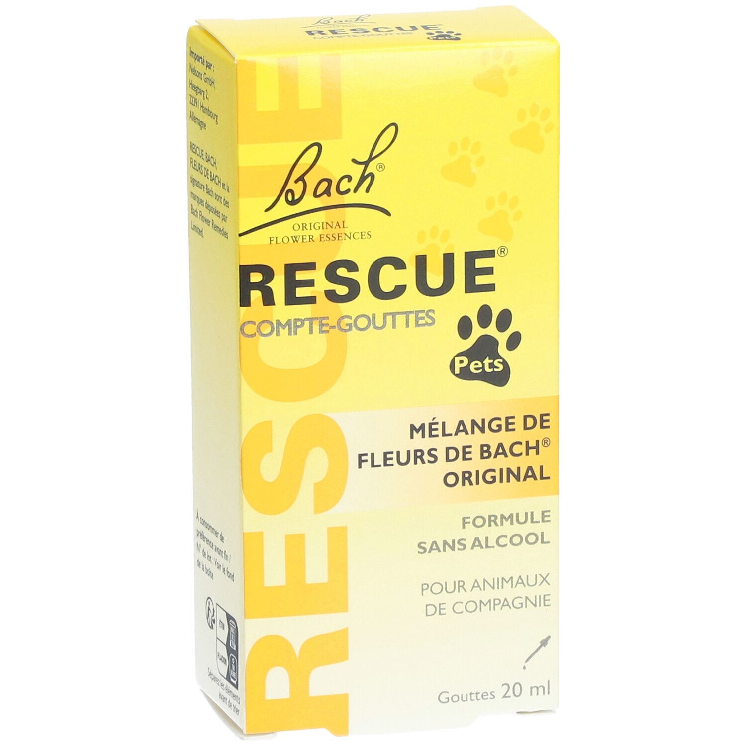 Boîte jaune RESCUE® Pets. Inscription: COMPTE-GOUTTES, Mélange de Fleurs de Bach® Original, Pour animaux de compagnie. 20 ml.
