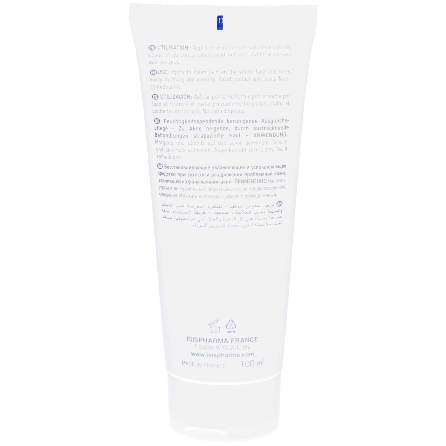 Dos d'un tube blanc. Texte en plusieurs langues, dont instructions d'utilisation. Logo ISISPHARMA et indication de volume.