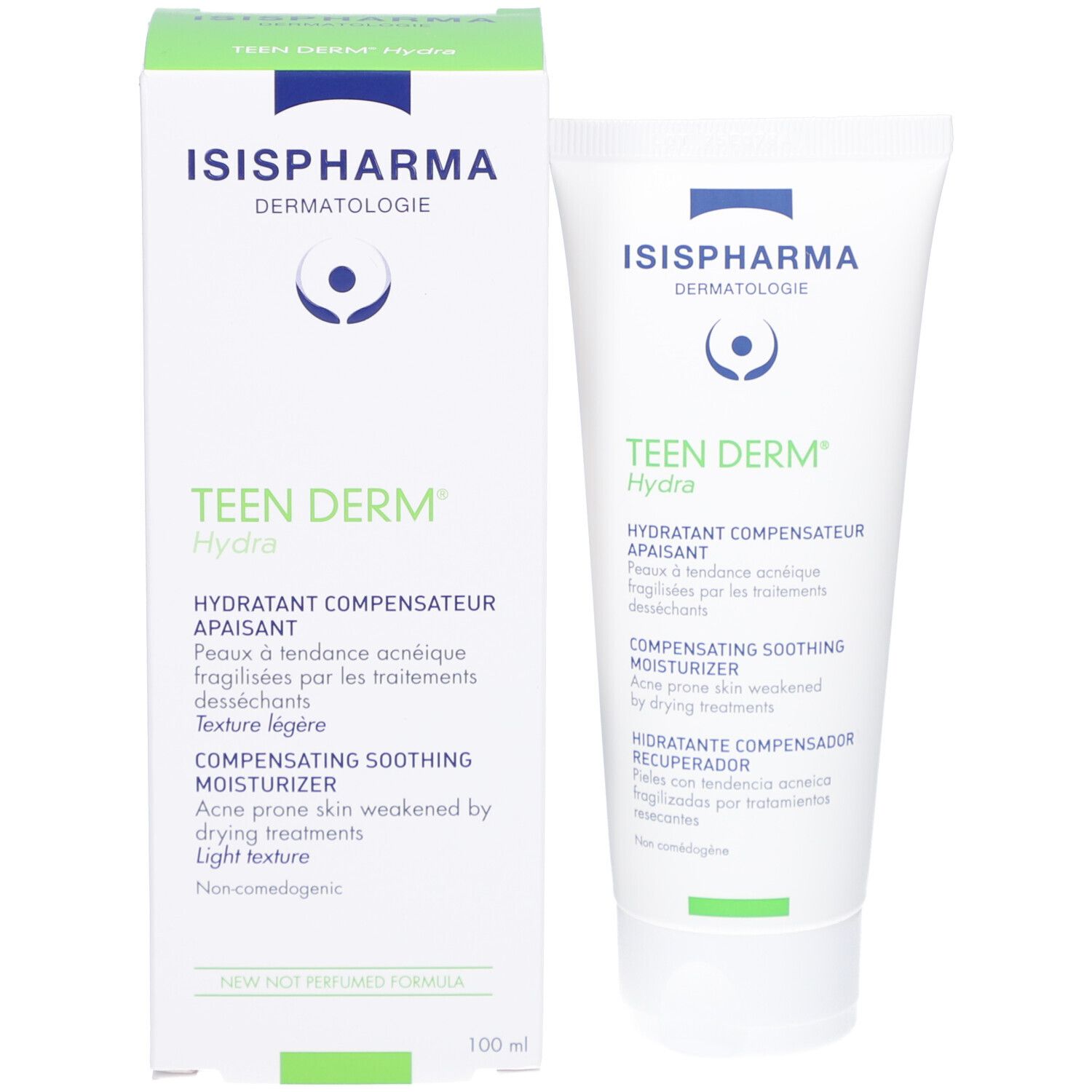 Emballage et tube du produit. Tube et boîte blancs avec impression verte et bleue. Contient Teen Derm Hydra d'ISISPHARMA.