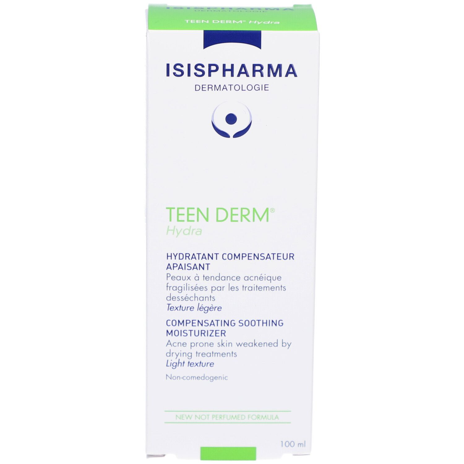 Boîte verte et blanche. Contient Teen Derm Hydra d'ISISPHARMA. Texte en français, anglais et espagnol. Indication de volume.