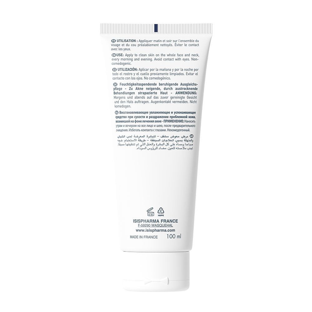 Dos d'un tube blanc. Texte en plusieurs langues, dont instructions d'utilisation. Logo ISISPHARMA et indication de volume.