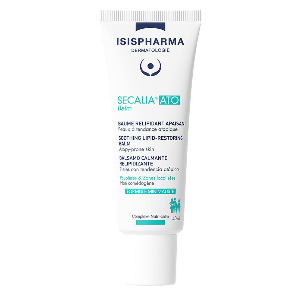 Tube blanc ISISPHARMA Secalia ATO Balm. Texte multilingues. 40ml. Formule minimaliste.