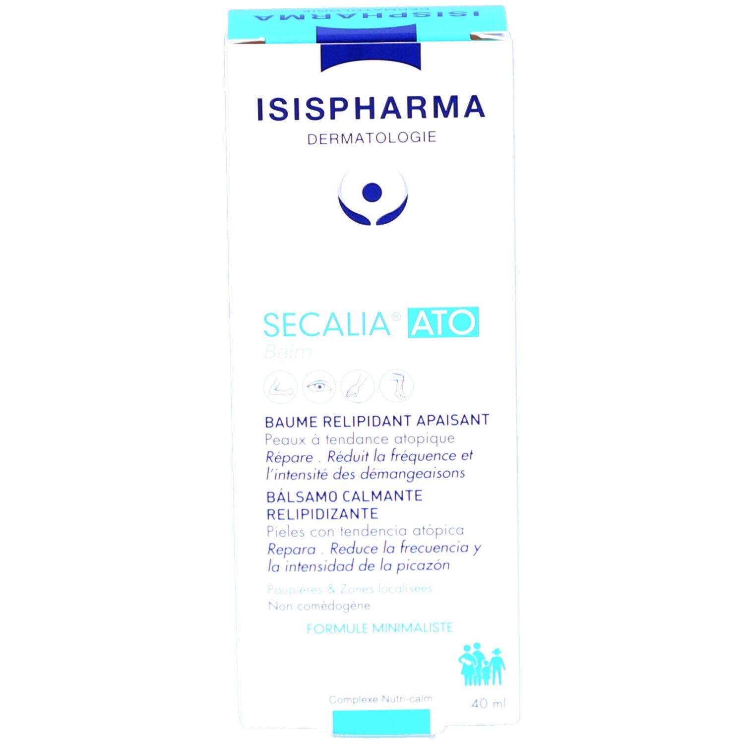 Dos de la boîte. Texte multilingue. ISISPHARMA FRANCE. Ingrédients.