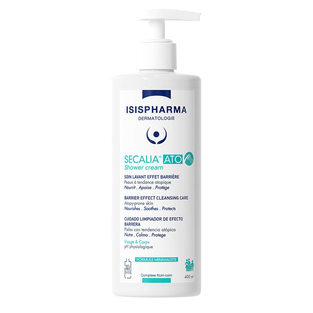 Witte fles met pomp. ISISPHARMA Secalia Ato Shower Cream. Tekst in het Frans en Engels. 400ml.