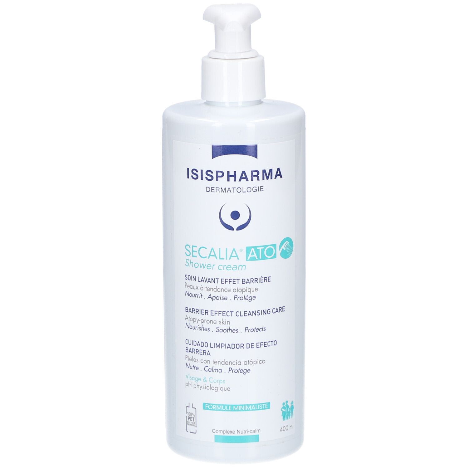 Witte fles met pomp. ISISPHARMA Secalia Ato Shower Cream. Tekst in het Frans en Engels. 400ml.