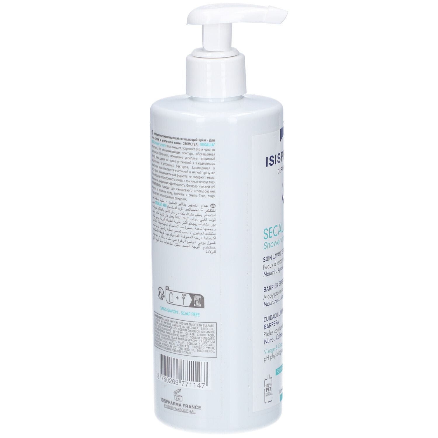 Achterkant van de witte fles met tekst. QR-code en barcode. Gemaakt in Frankrijk. ISISPHARMA.