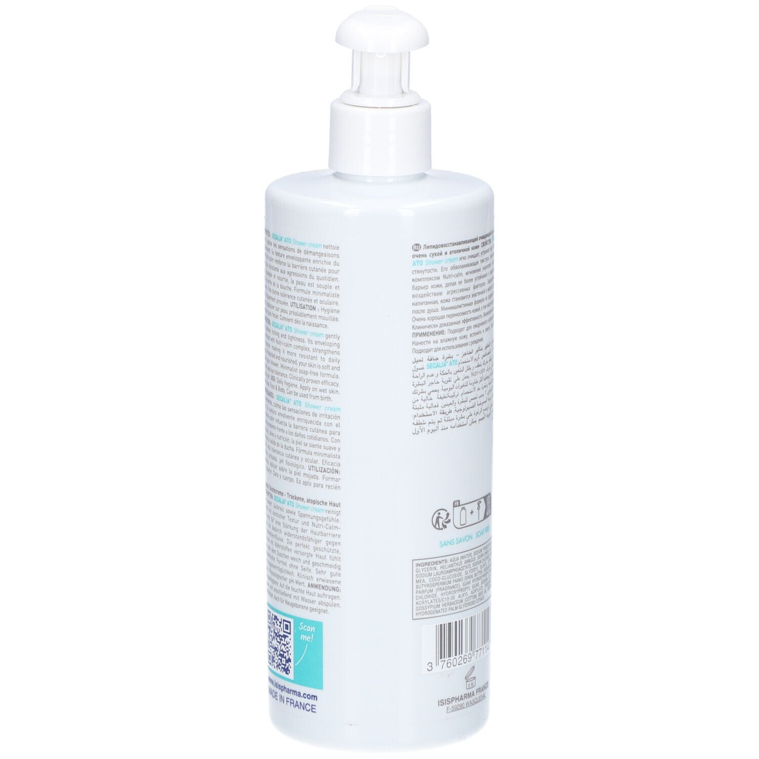 Witte fles met pomp. ISISPHARMA Secalia Ato Shower Cream. Tekst in het Frans en Engels. 400ml.