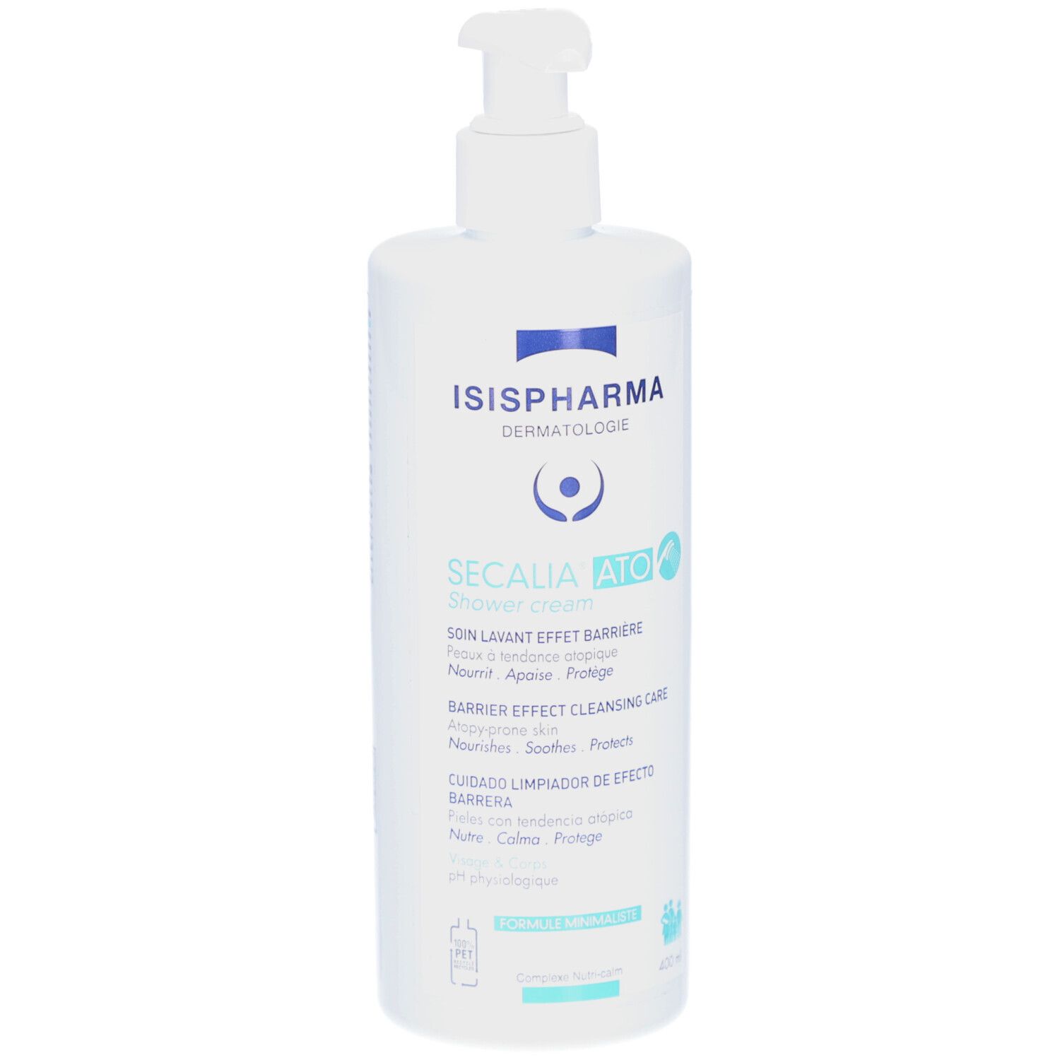 Achterkant van de witte fles met tekst. QR-code en barcode. Gemaakt in Frankrijk. ISISPHARMA.