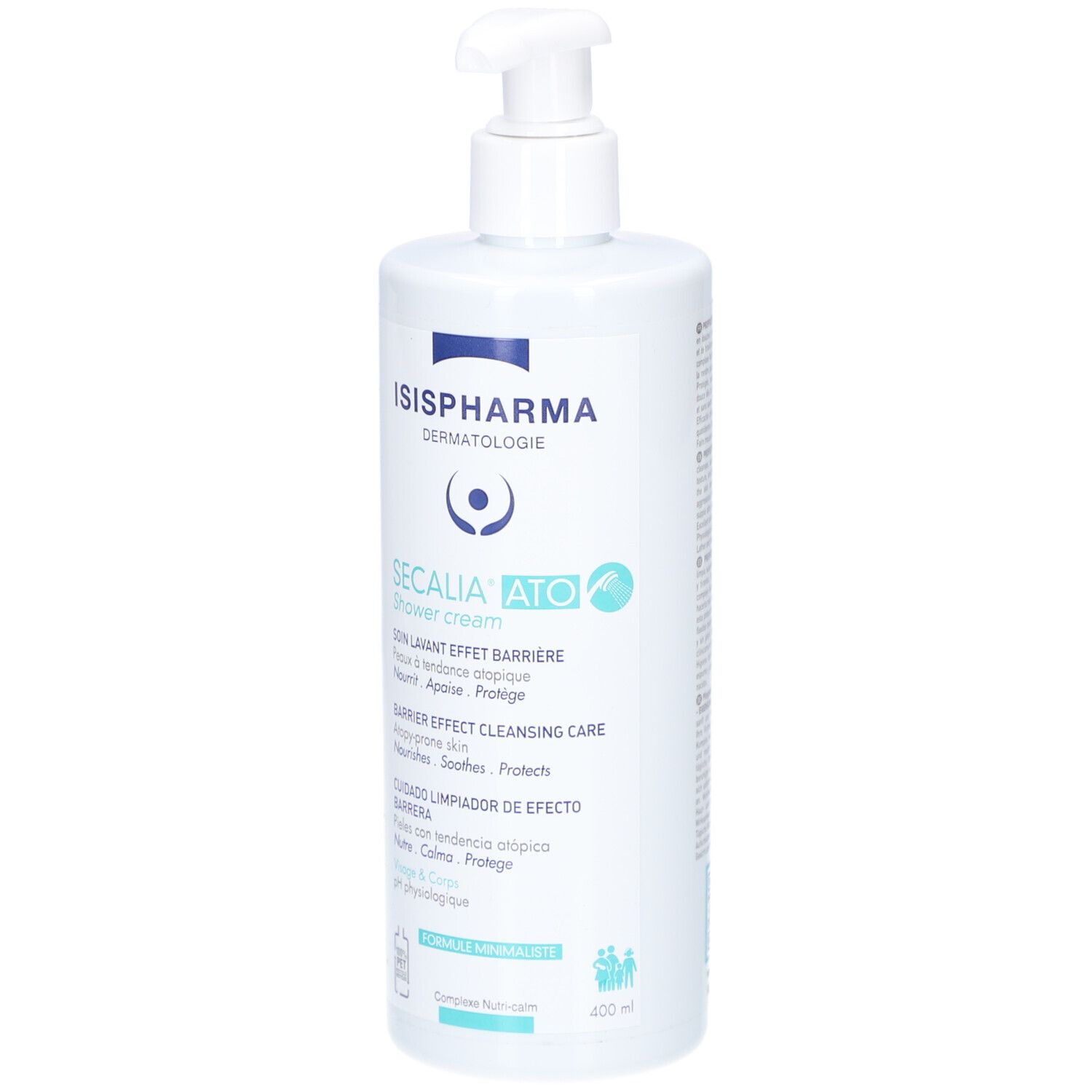 Witte fles met pomp. ISISPHARMA Secalia Ato Shower Cream. Tekst in het Frans en Engels. 400ml.