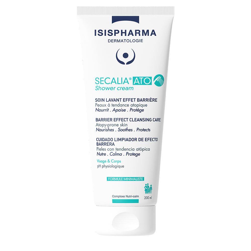 Witte tube ISISPHARMA Secalia Ato Shower Cream. Tekst: Secalia Ato, Barrier Effect Cleansing Care. pH fysiologisch. 200ml.