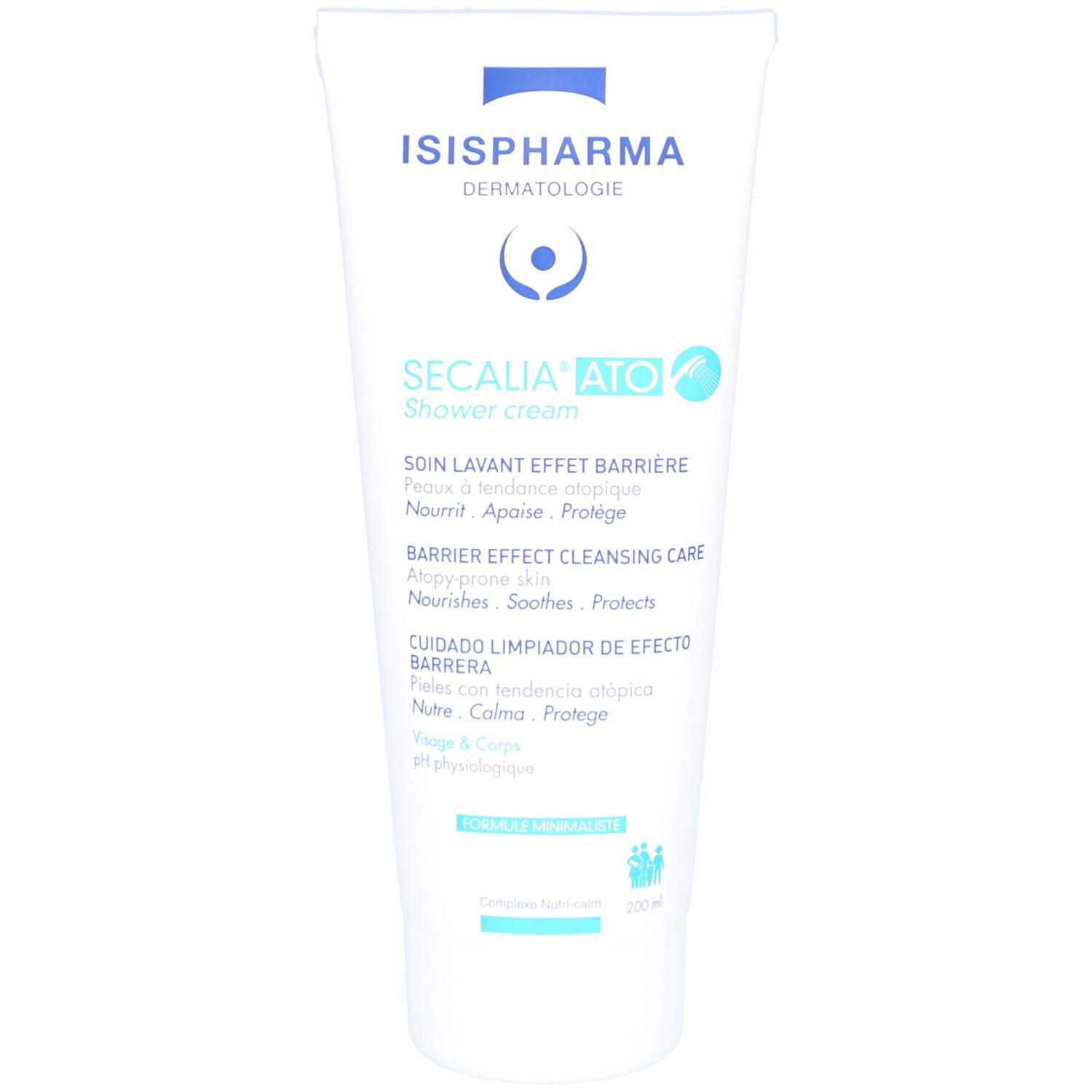 Witte tube ISISPHARMA Secalia Ato Shower Cream. Tekst: Secalia Ato, Barrier Effect Cleansing Care. pH fysiologisch. 200ml.