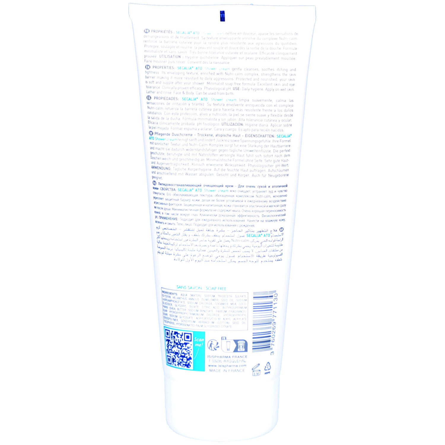 Achterkant van de witte tube ISISPHARMA Secalia Ato Shower Cream. Tekst en ingrediënten. QR-code en recyclingsymbolen.